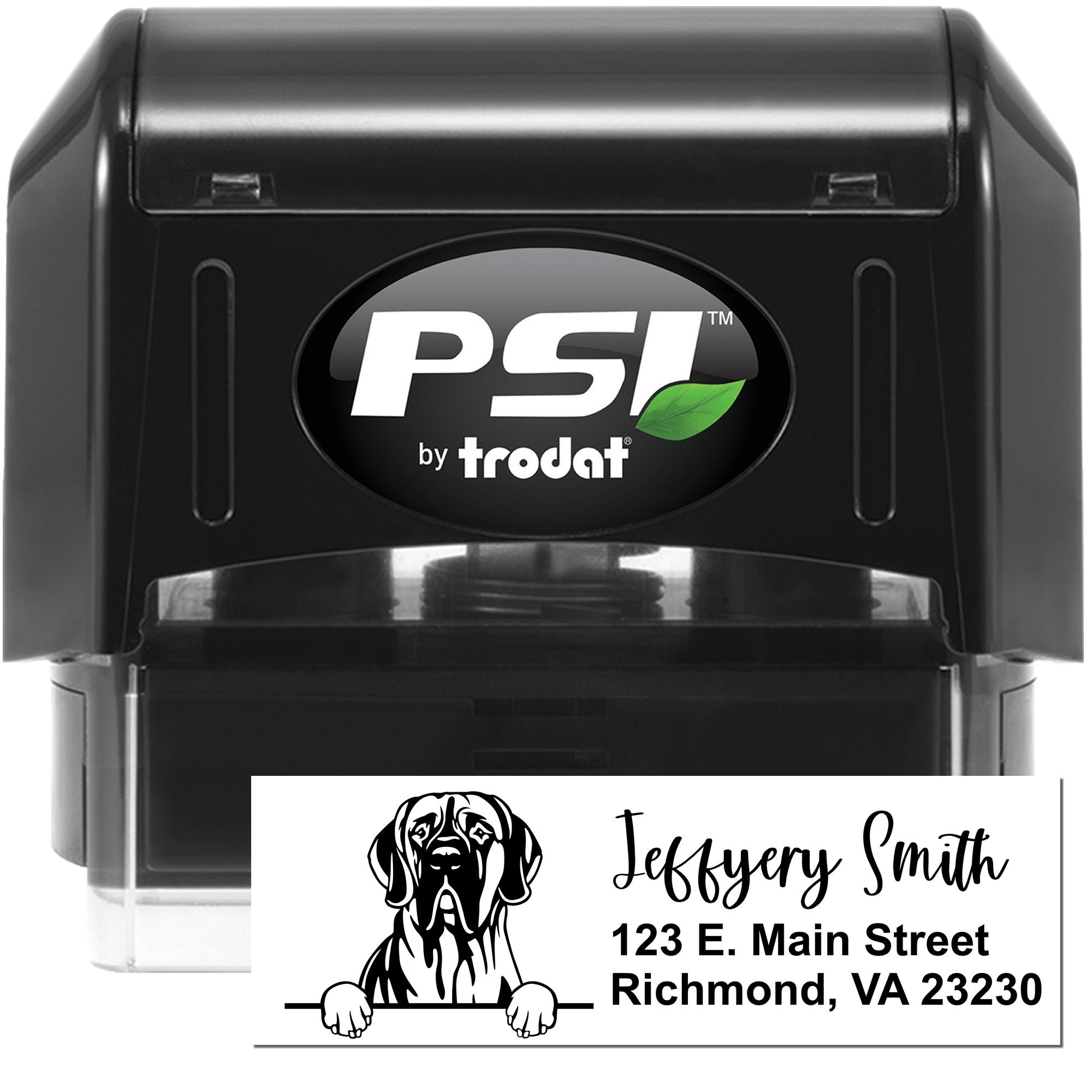 Custom self-inking address rubber stamp by PSI Trodat with personalized dog return address design.