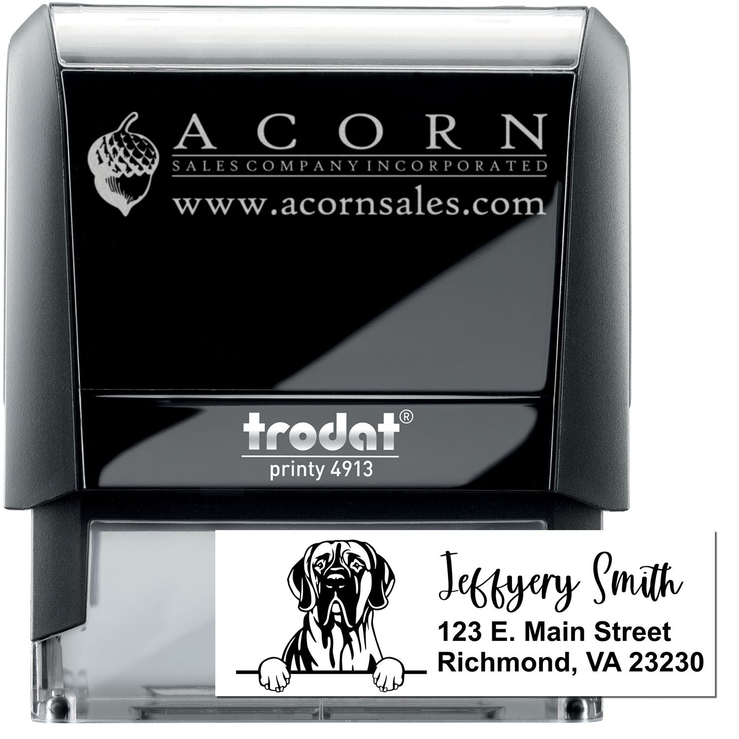 Custom self-inking rubber stamp with business logo and address, ideal for professional mailing and branding.