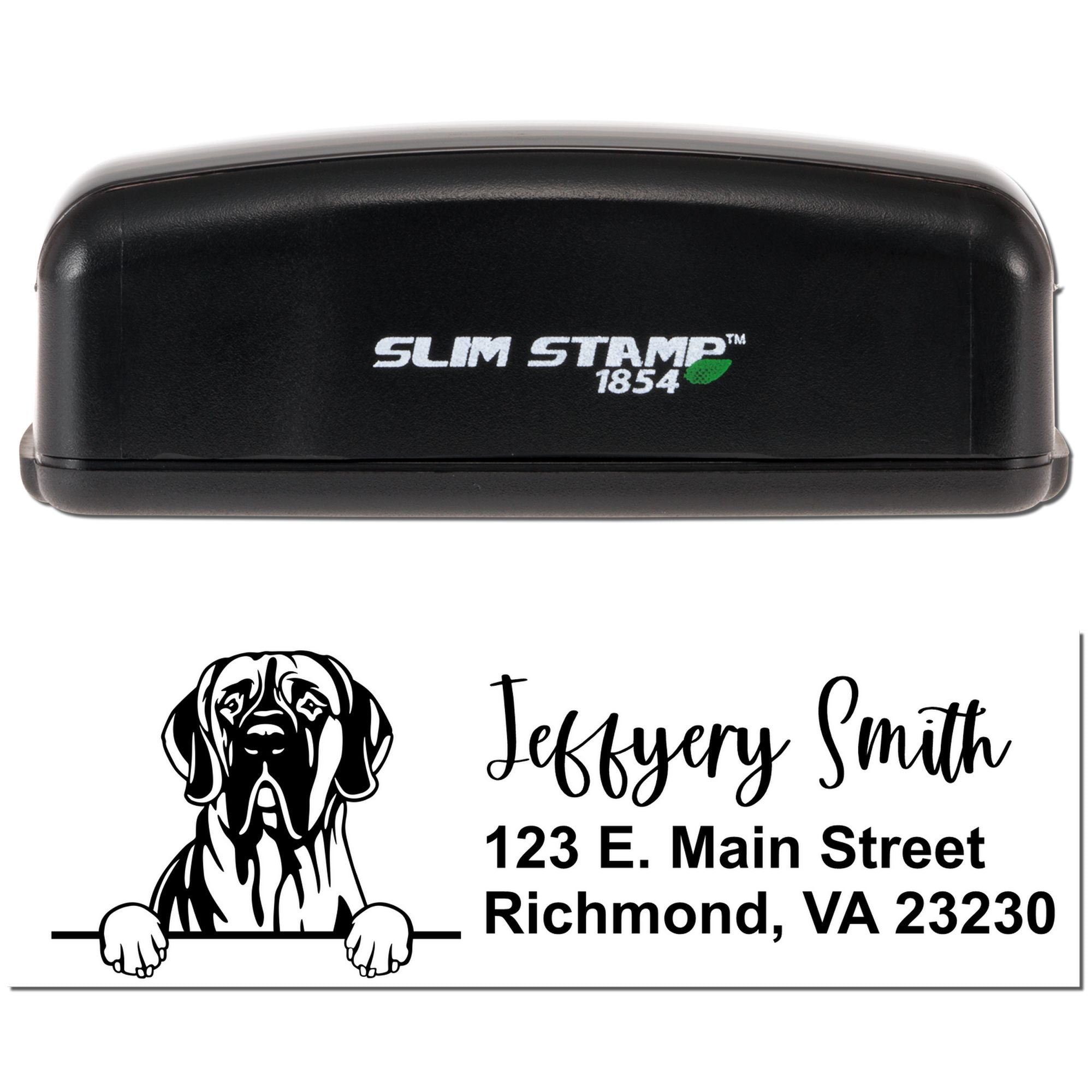 Slim Stamp 1854 custom self-inking rubber address stamp with dog logo for Jeffery Smith, Richmond, VA