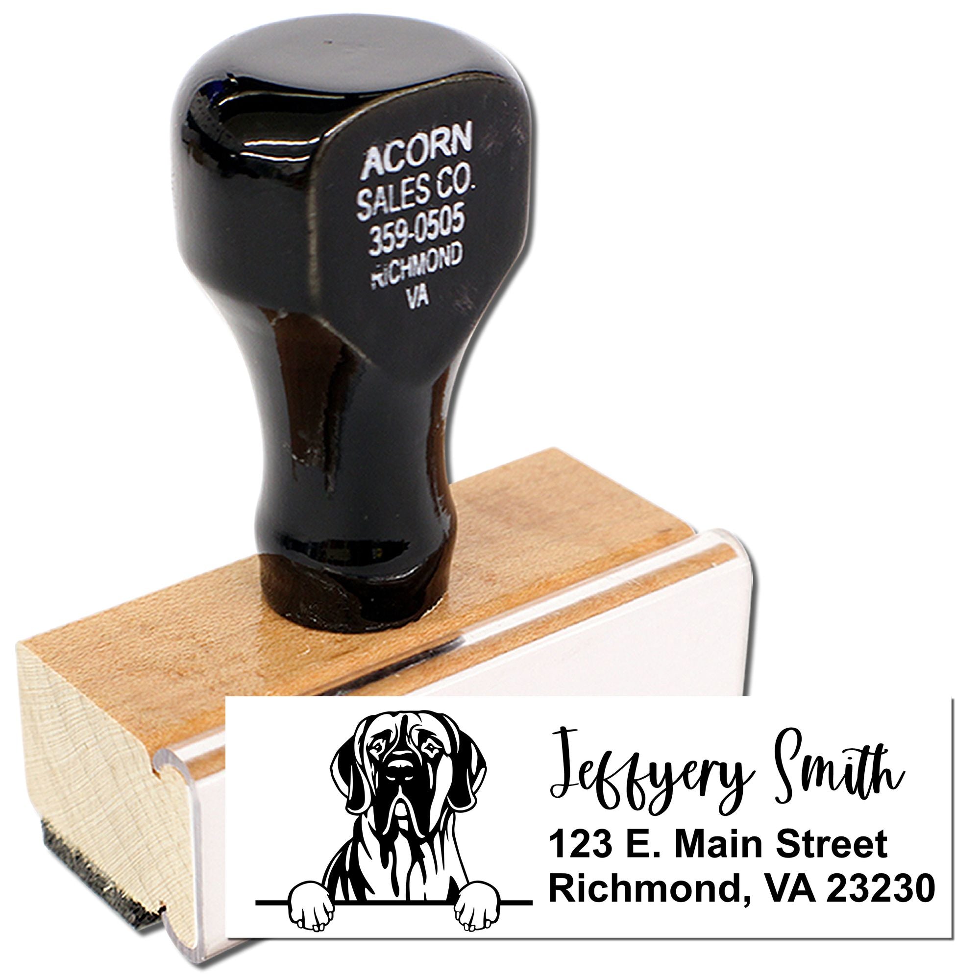 Custom dog address rubber stamp with personalized name and Richmond, VA business details for mail and branding.