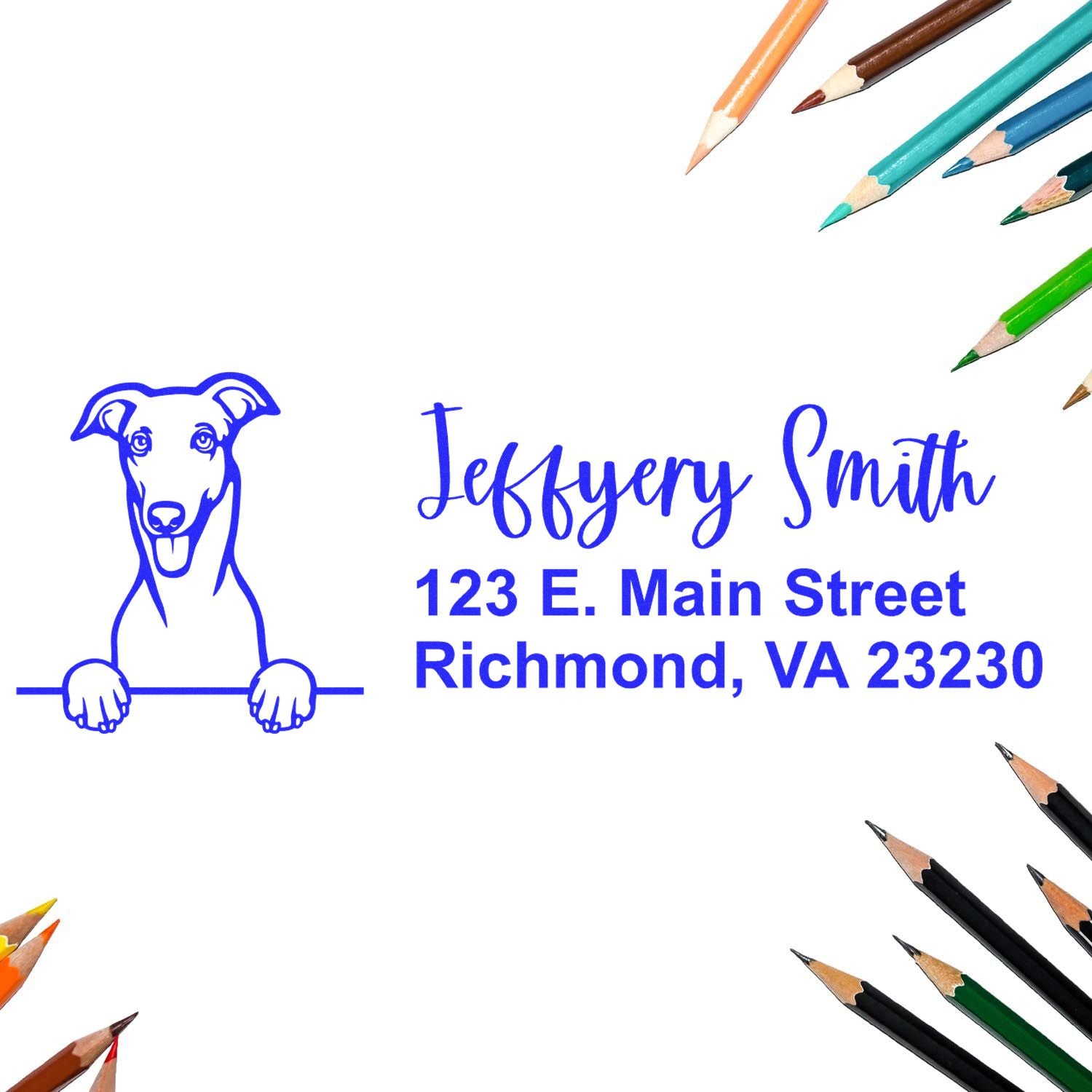 Custom dog logo return address rubber stamp for Jeffrey Smith, Richmond, VA stationery and business mailings.