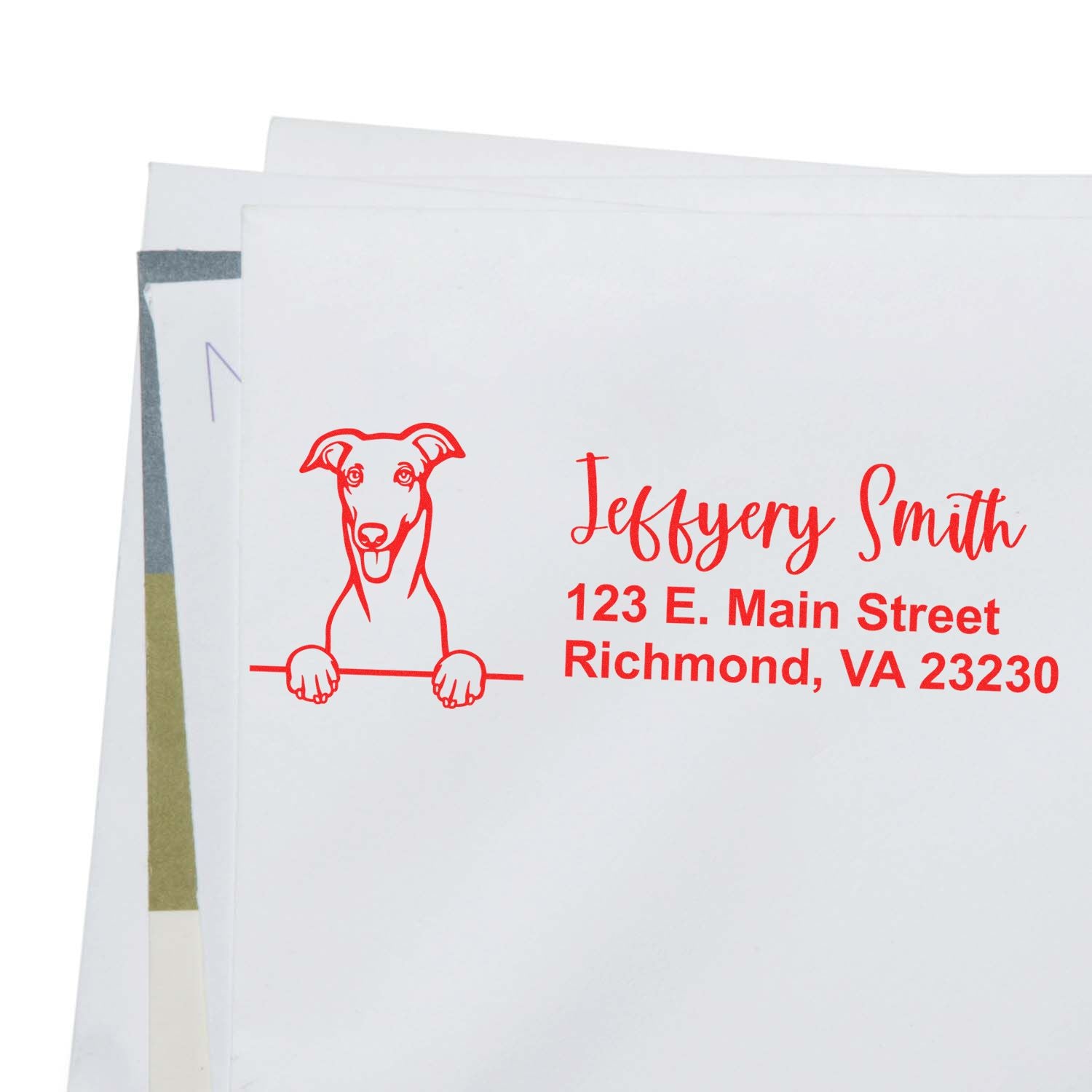 Custom dog return address rubber stamp for personalized envelopes, featuring Jeffrey Smith and Richmond, VA address.