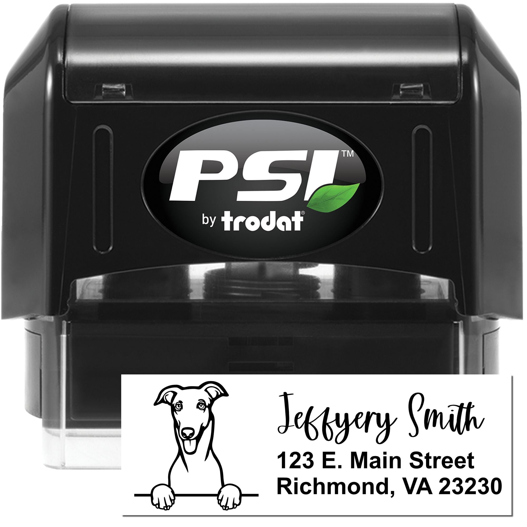 Custom self-inking rubber stamp by PSI Trodat with dog return address design for personalized mailing.