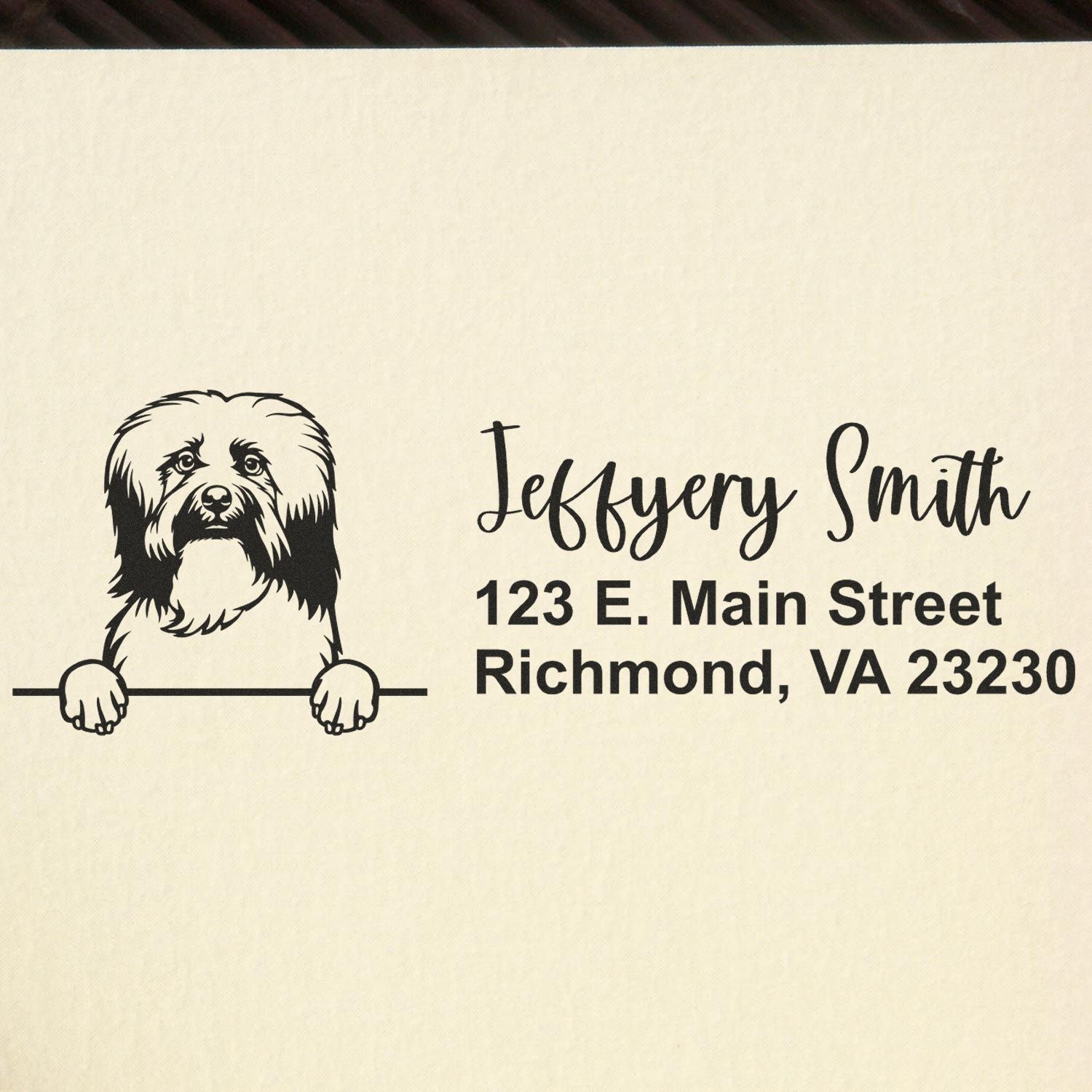 Personalized dog rubber address stamp for mailing, Jeffyery Smith, 123 E. Main Street, Richmond, VA 23230.