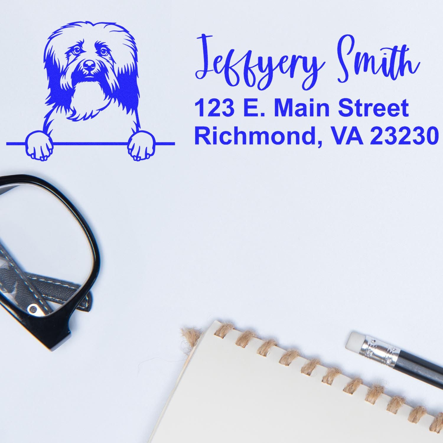 Custom dog return address rubber stamp with pet portrait, name, and Richmond, VA address for envelopes and stationery.