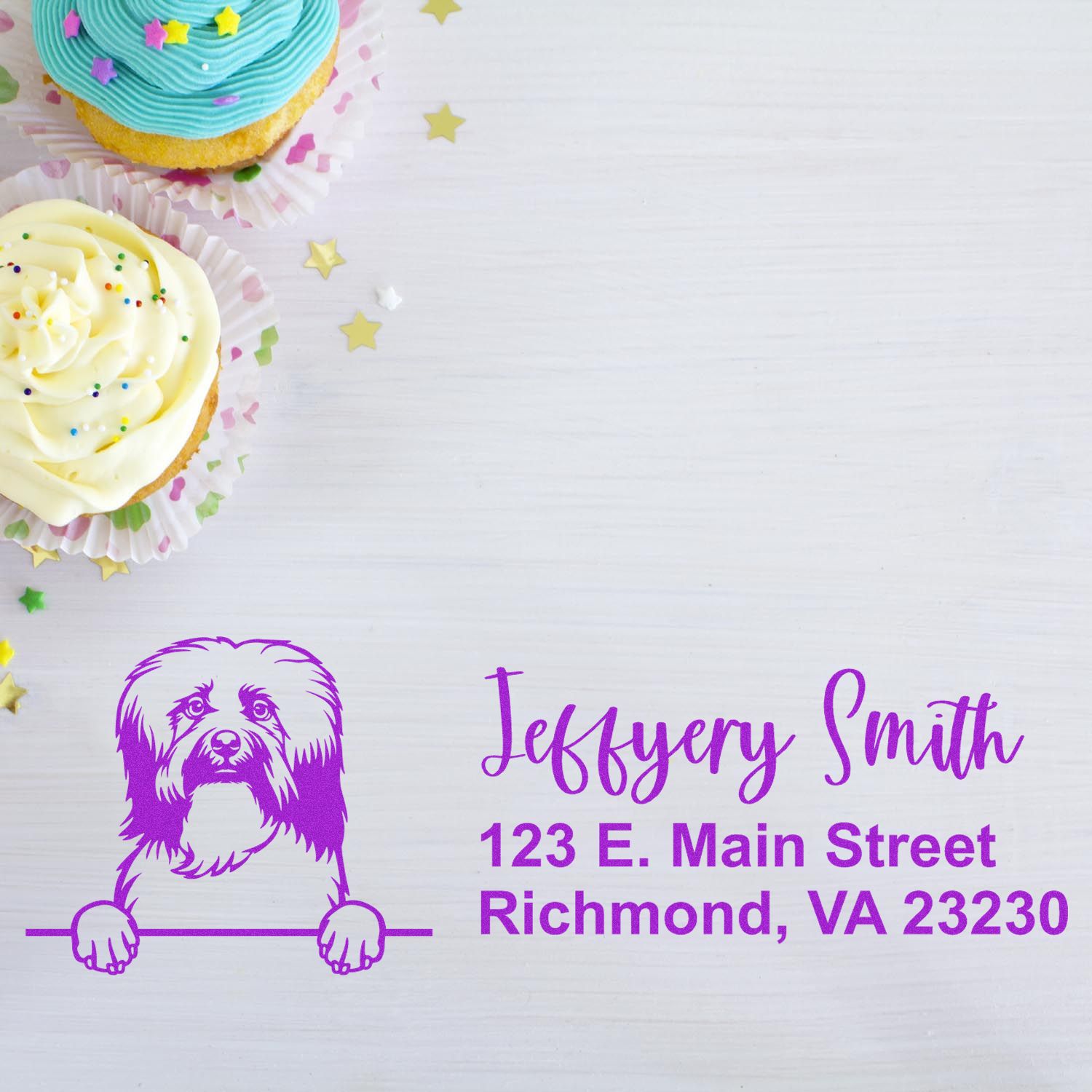 Custom dog return address rubber stamp with personalized name and Richmond, VA address for envelopes, packaging, and gifts.