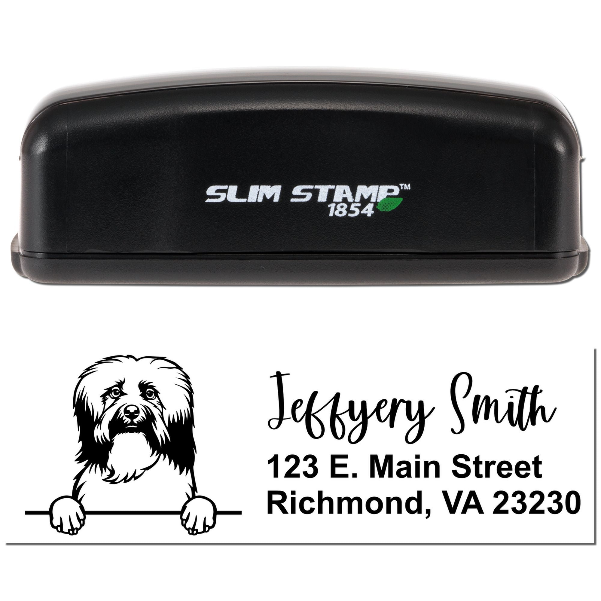 Slim Stamp 1854 self-inking custom address rubber stamp with dog design and Jeffrey Smith return address