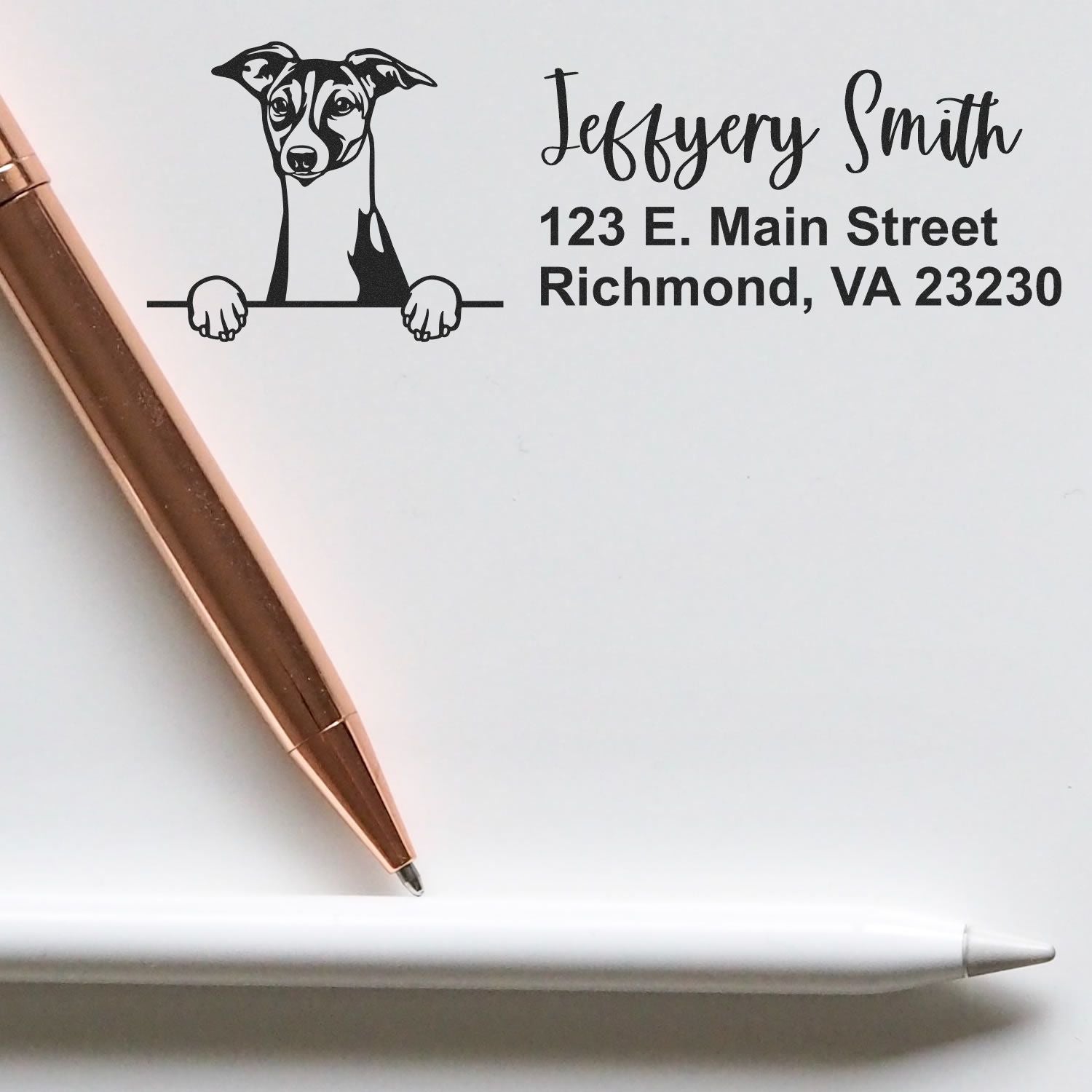 Custom return address rubber stamp with dog illustration, featuring Jeffrey Smith and Richmond, VA address.