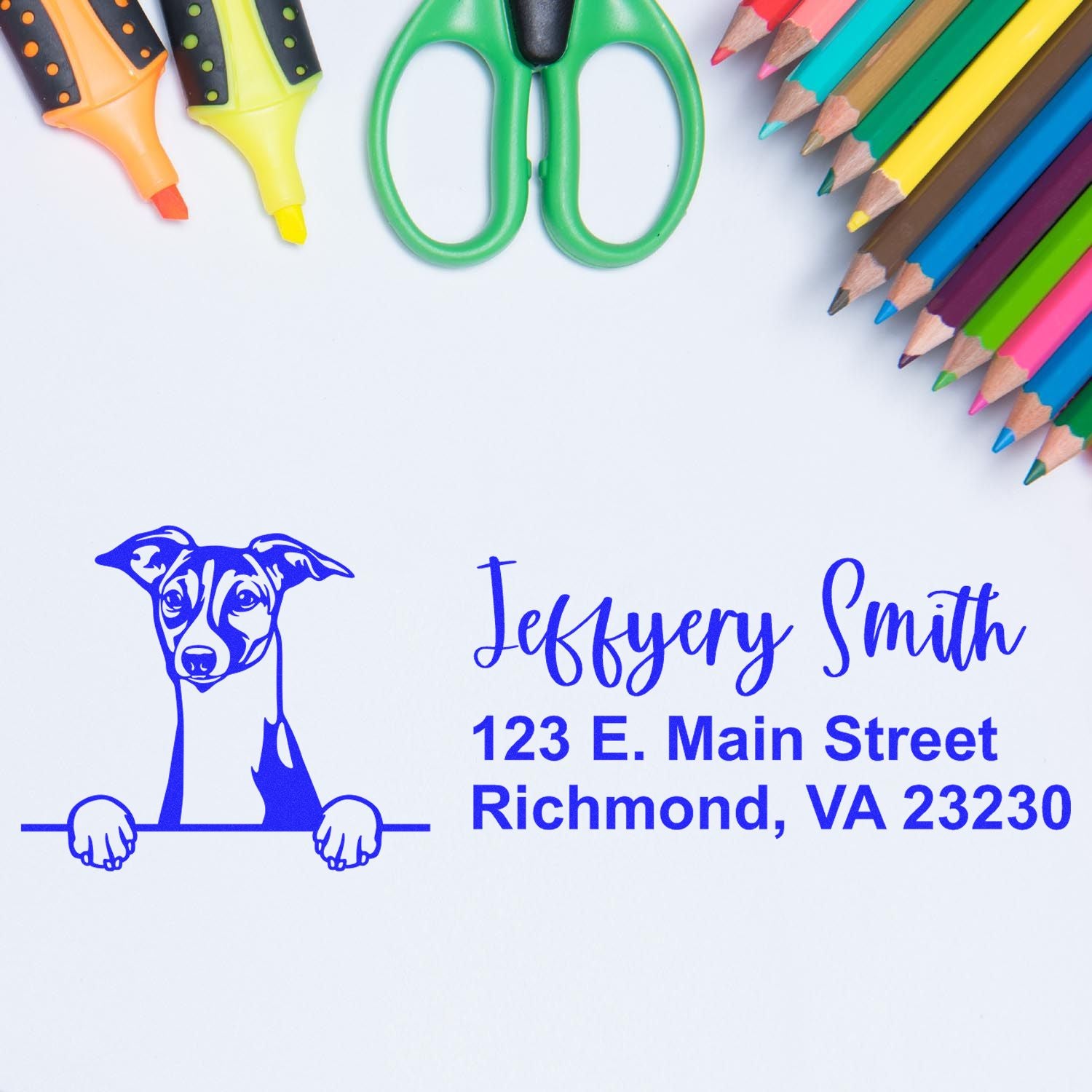 Custom dog return address rubber stamp with name and Richmond, VA address for personalized stationery and mail.