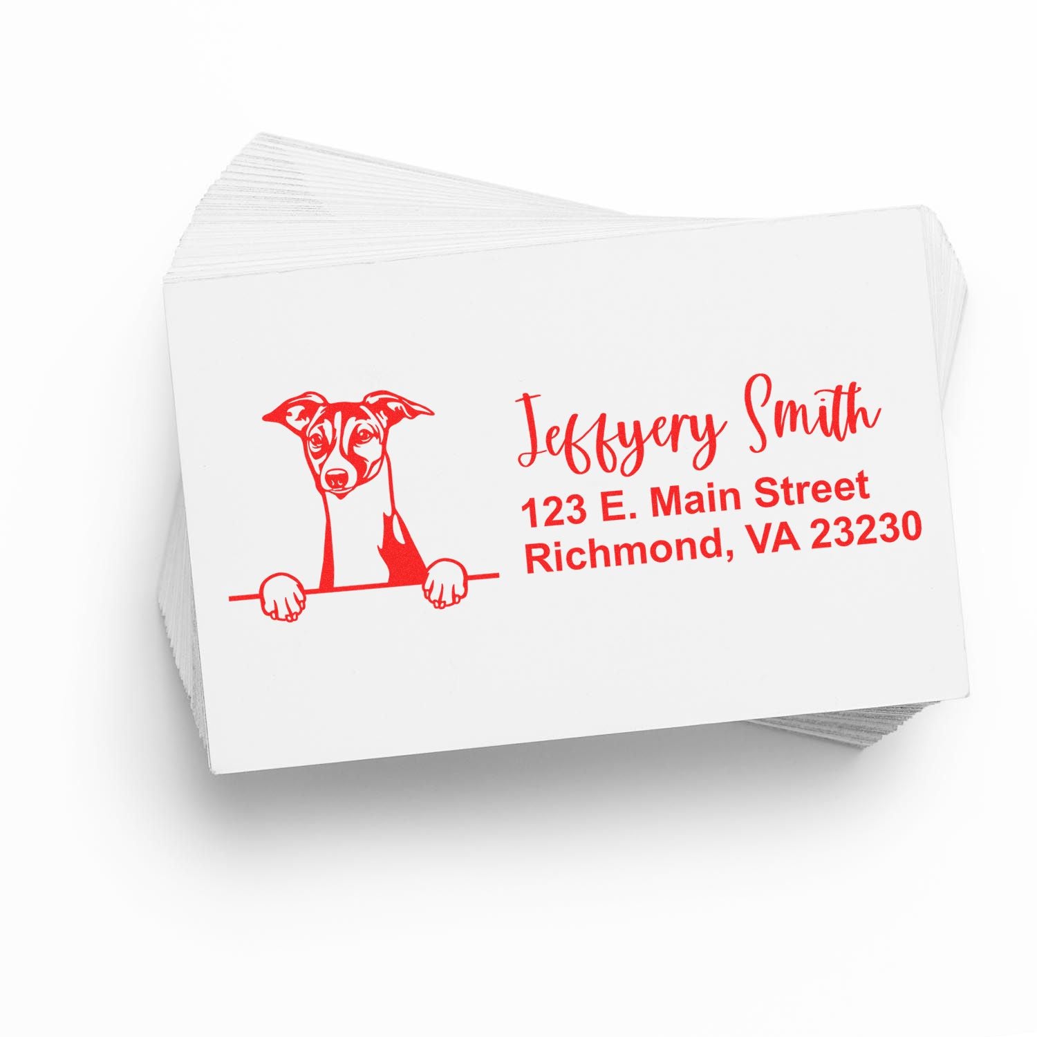 Custom return address rubber stamp with dog logo, personalized name and Richmond, VA address for pet lovers.