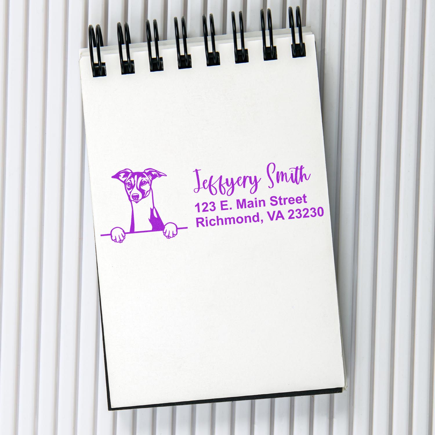 Personalized dog return address rubber stamp with name and Richmond, VA address in purple ink