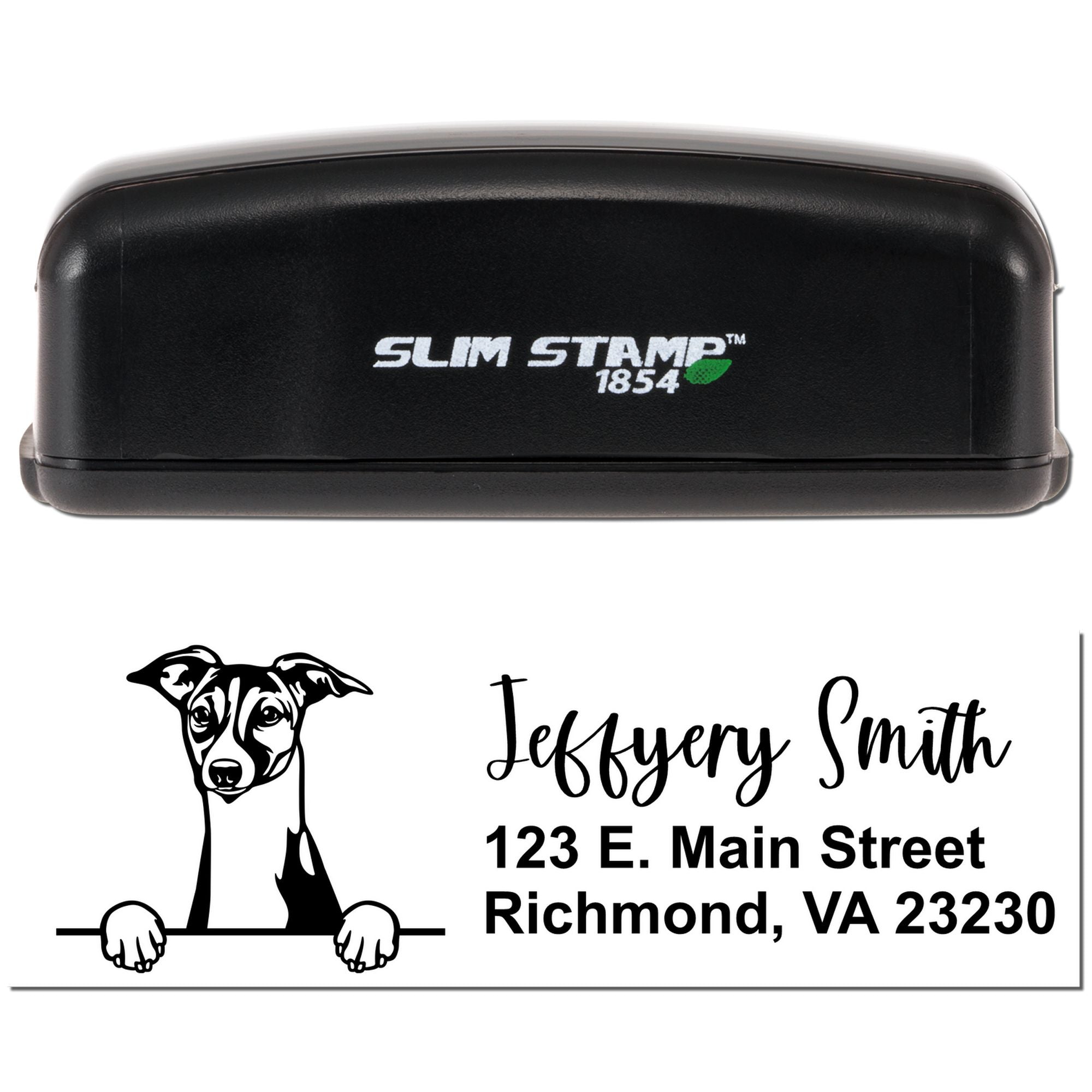 Slim Stamp 1854 custom address rubber stamp with dog illustration, personalized name, and Richmond, VA return address.