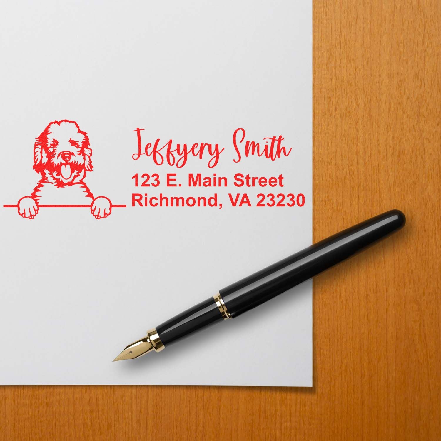 Custom rubber stamp with dog design and return address for personalized stationery, featuring Jeffery Smith in Richmond, VA.
