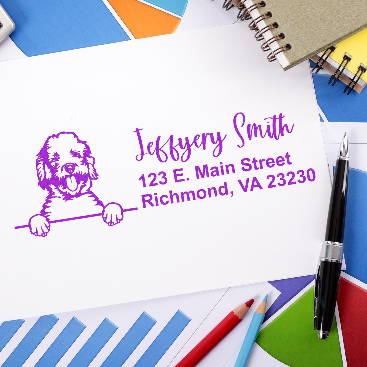 Custom dog address rubber stamp with name and return address for personalized envelopes and stationery.