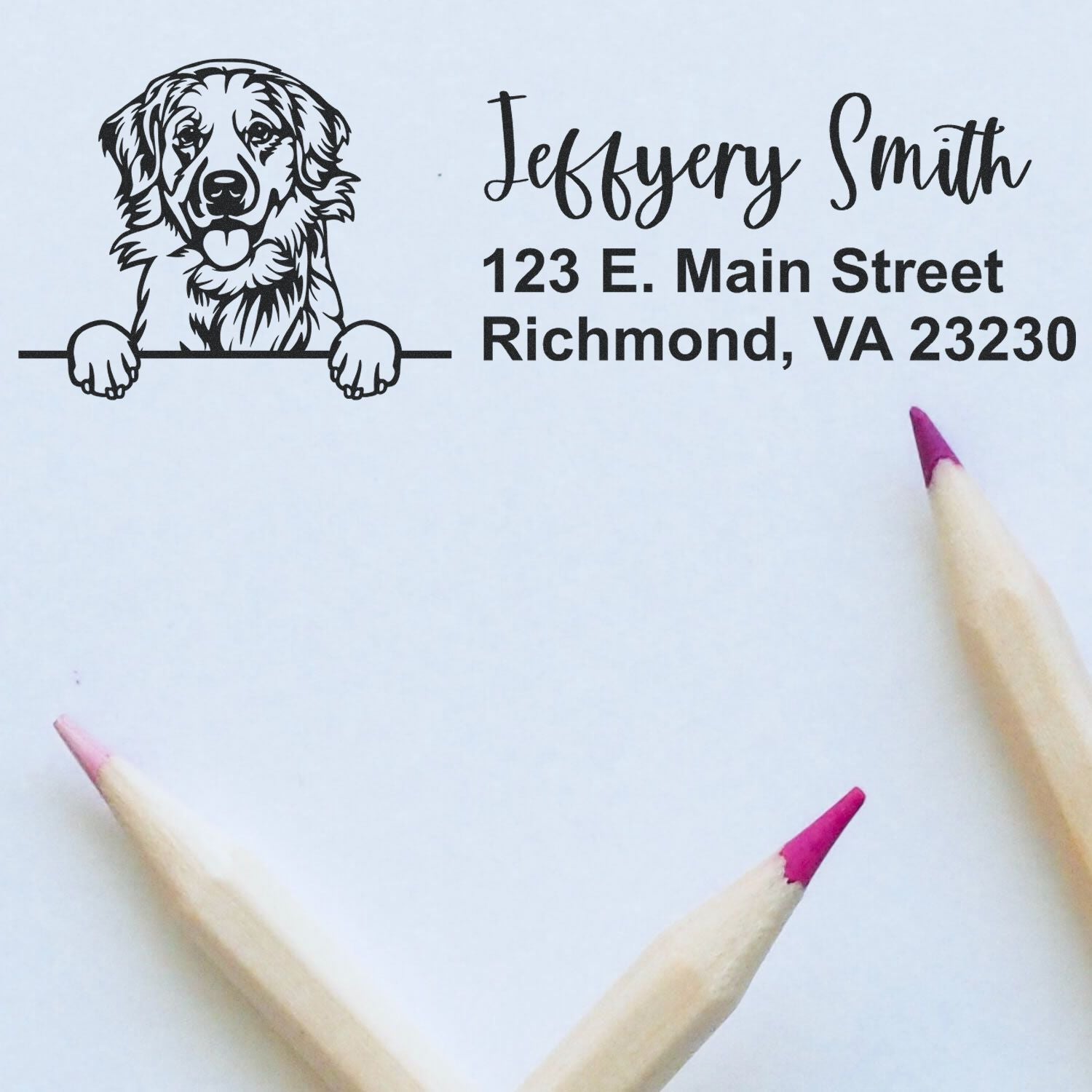 Custom dog return address rubber stamp with name and Richmond, VA address for personalized mail.