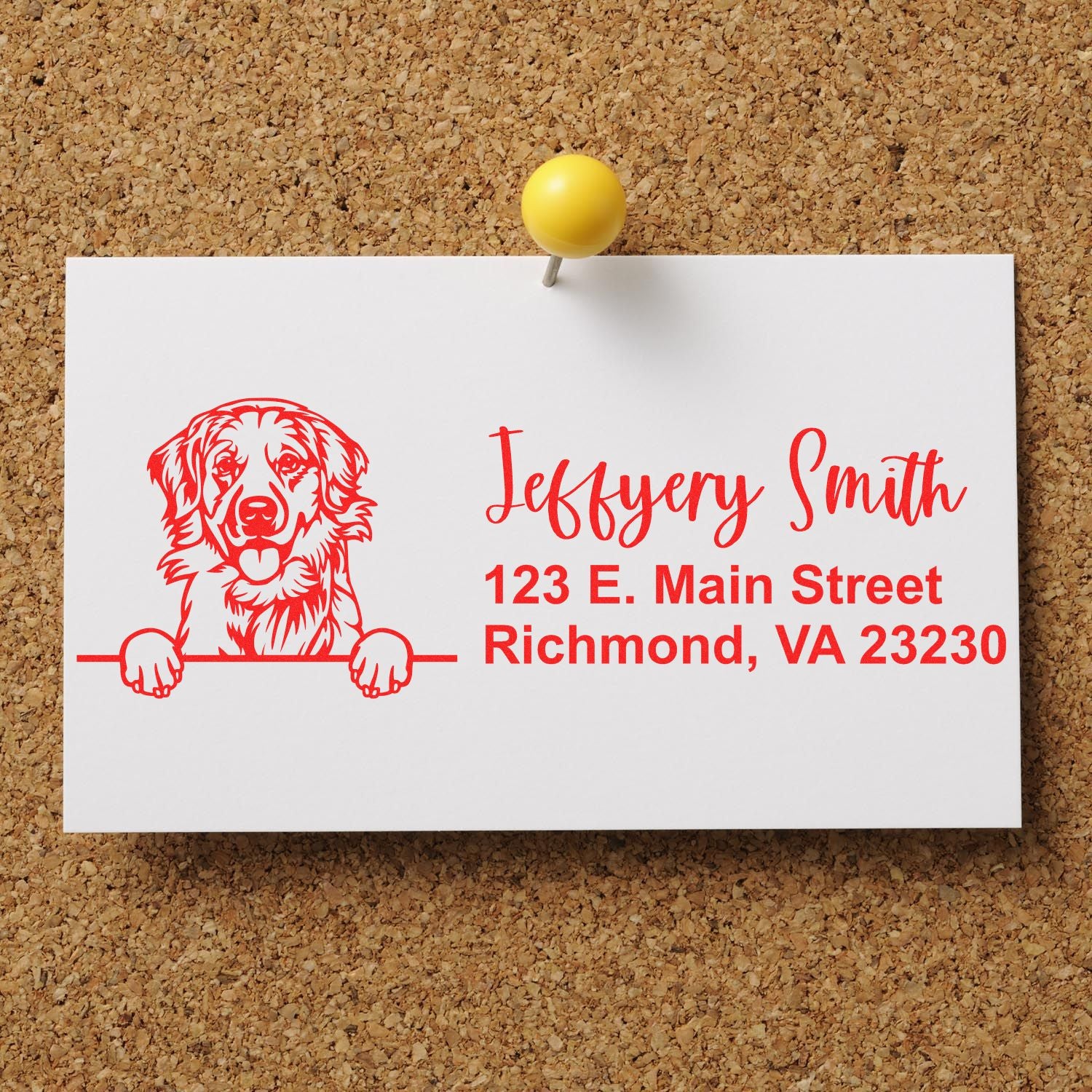 Custom dog address rubber stamp with Jeffrey Smith name and Richmond, VA address on a pinned card.