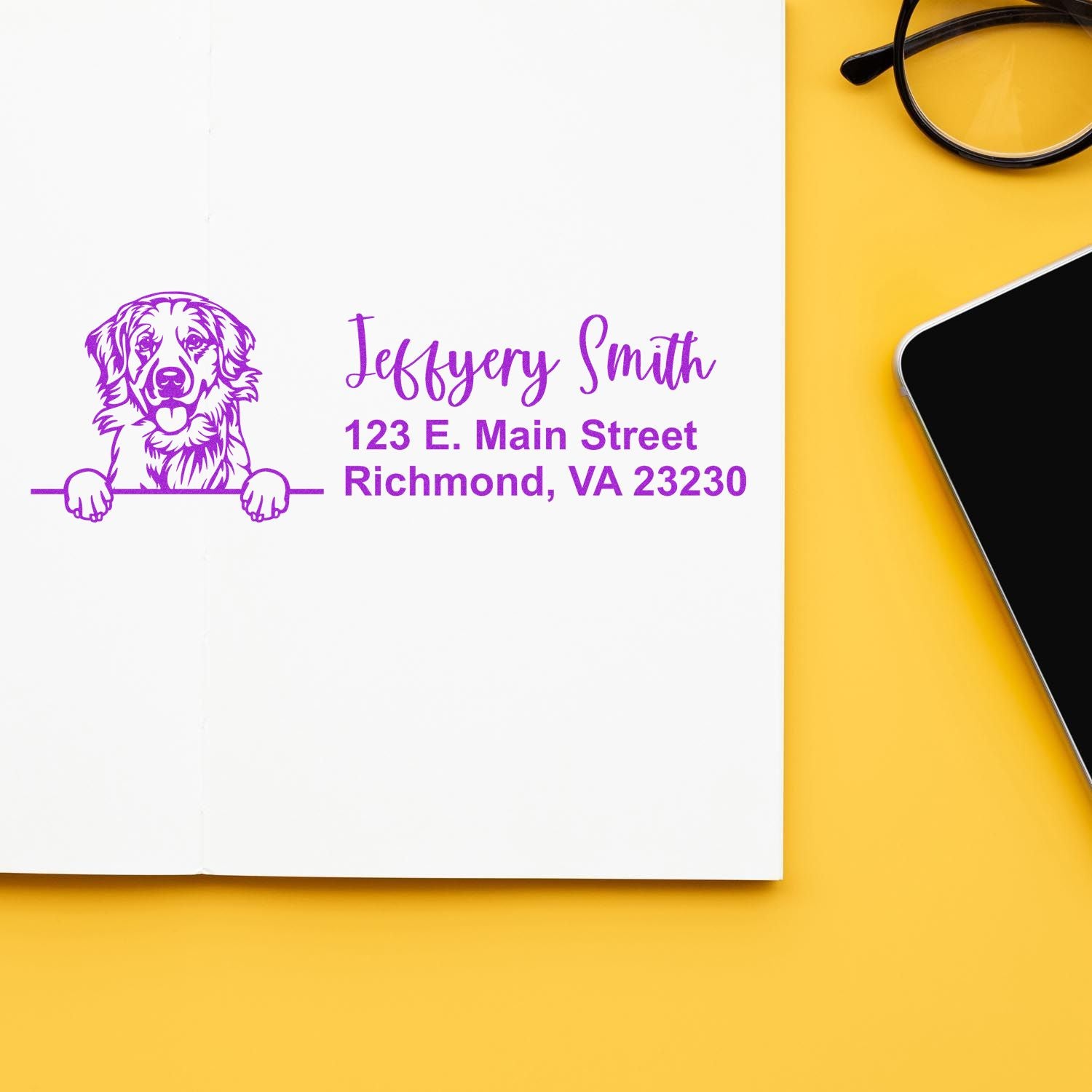 Personalized rubber address stamp with dog illustration for return mail, name, and Richmond, VA address