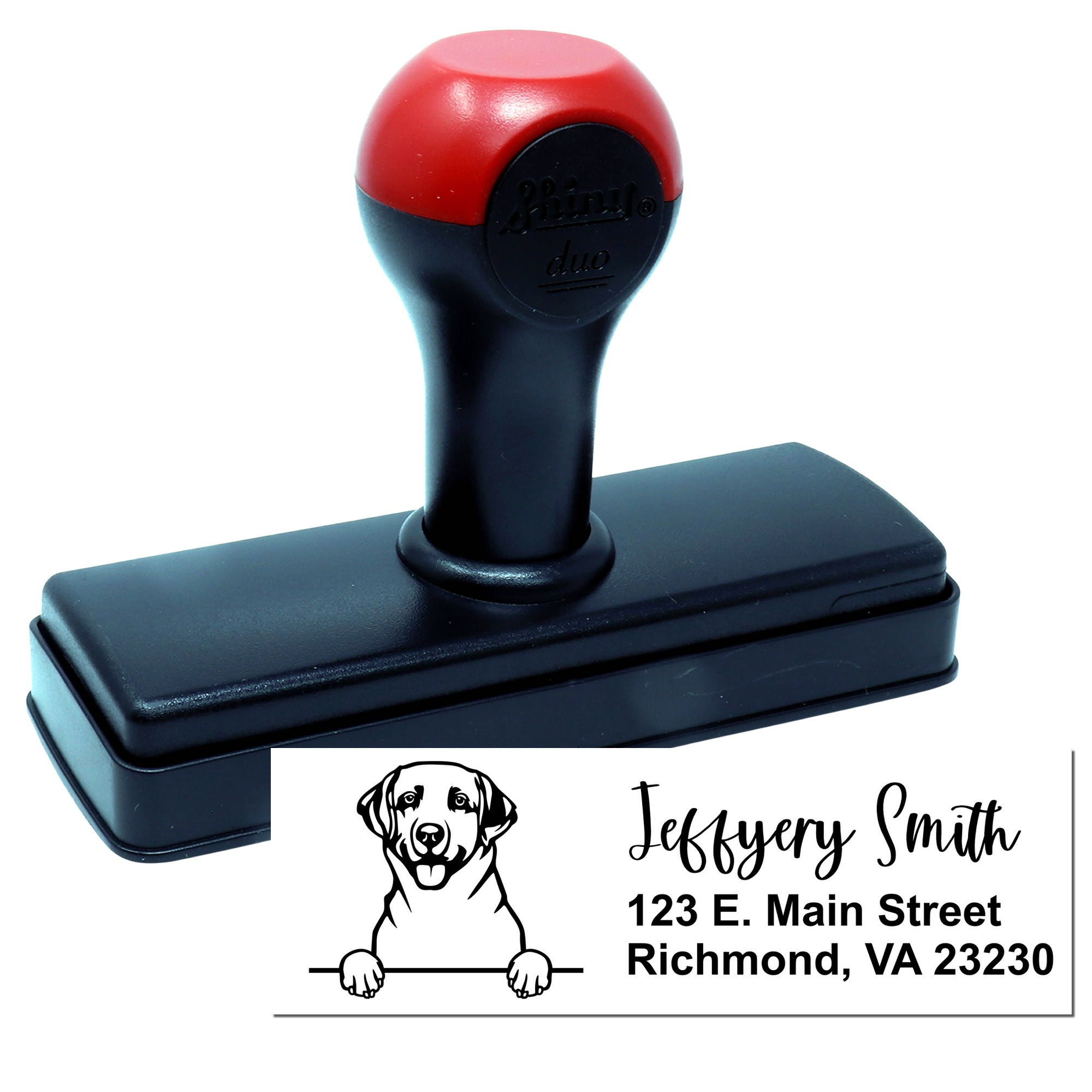 Custom self-inking rubber address stamp with dog logo for personalized return mailing and business use