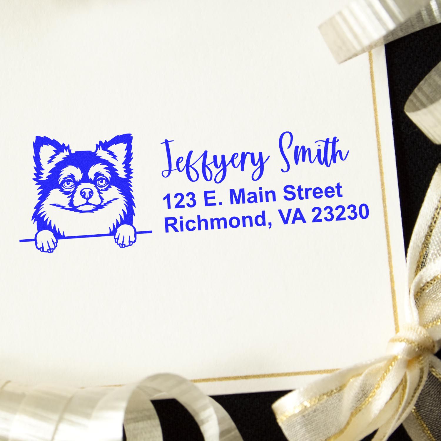 Custom dog logo address stamp for Jeffery Smith, 123 E. Main Street, Richmond, VA 23230.