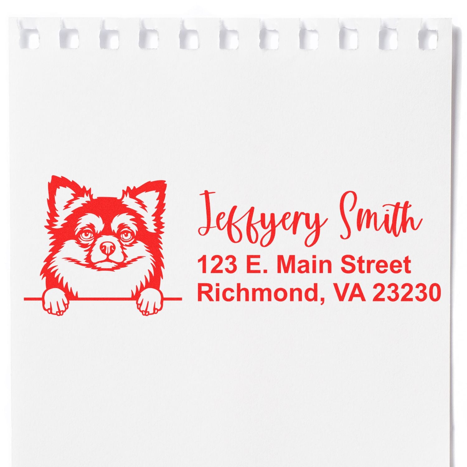 Custom return address rubber stamp with dog logo, featuring Jeffrey Smith and Richmond, VA address in red.