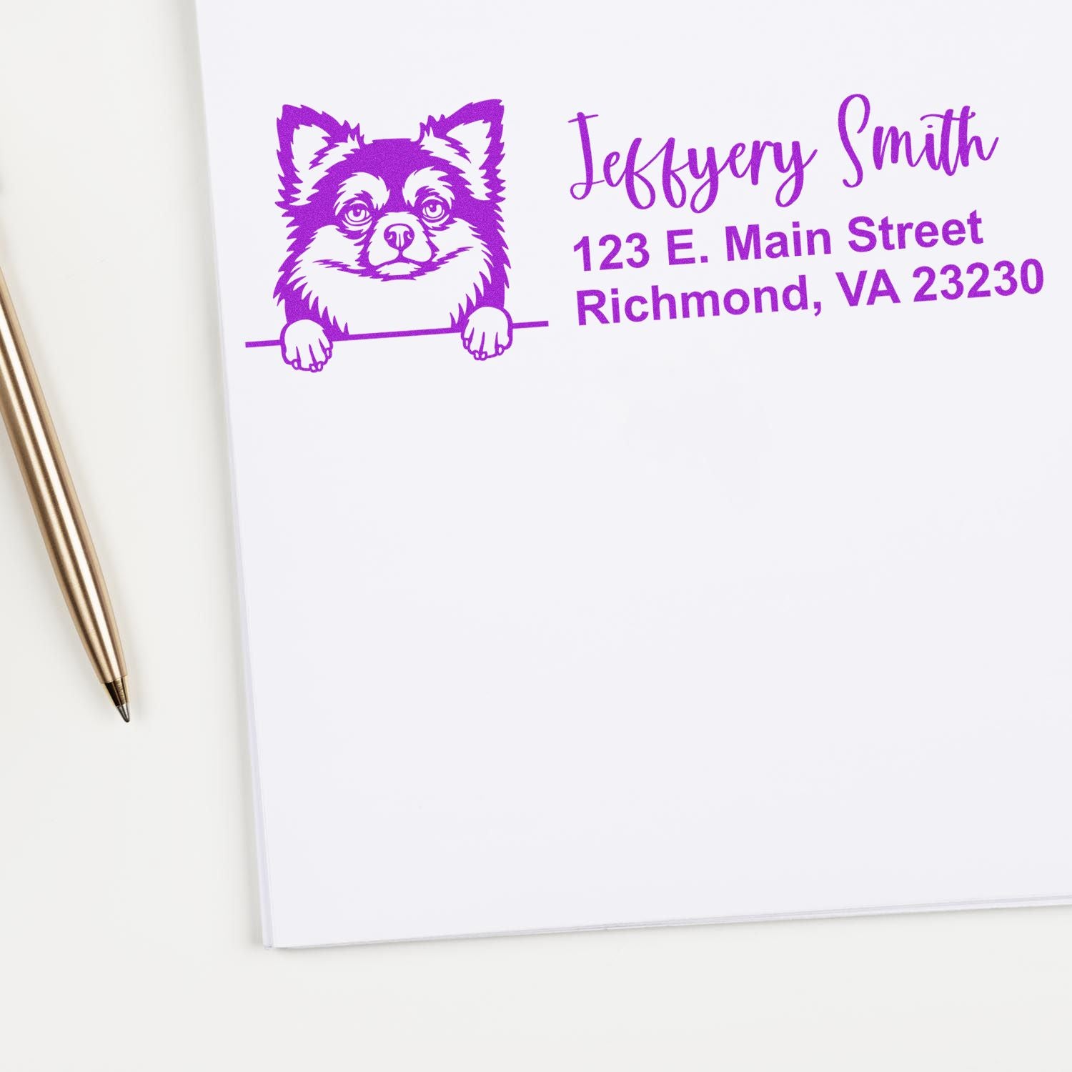 Personalized return address rubber stamp with dog logo, name, and address for custom mail and stationery.