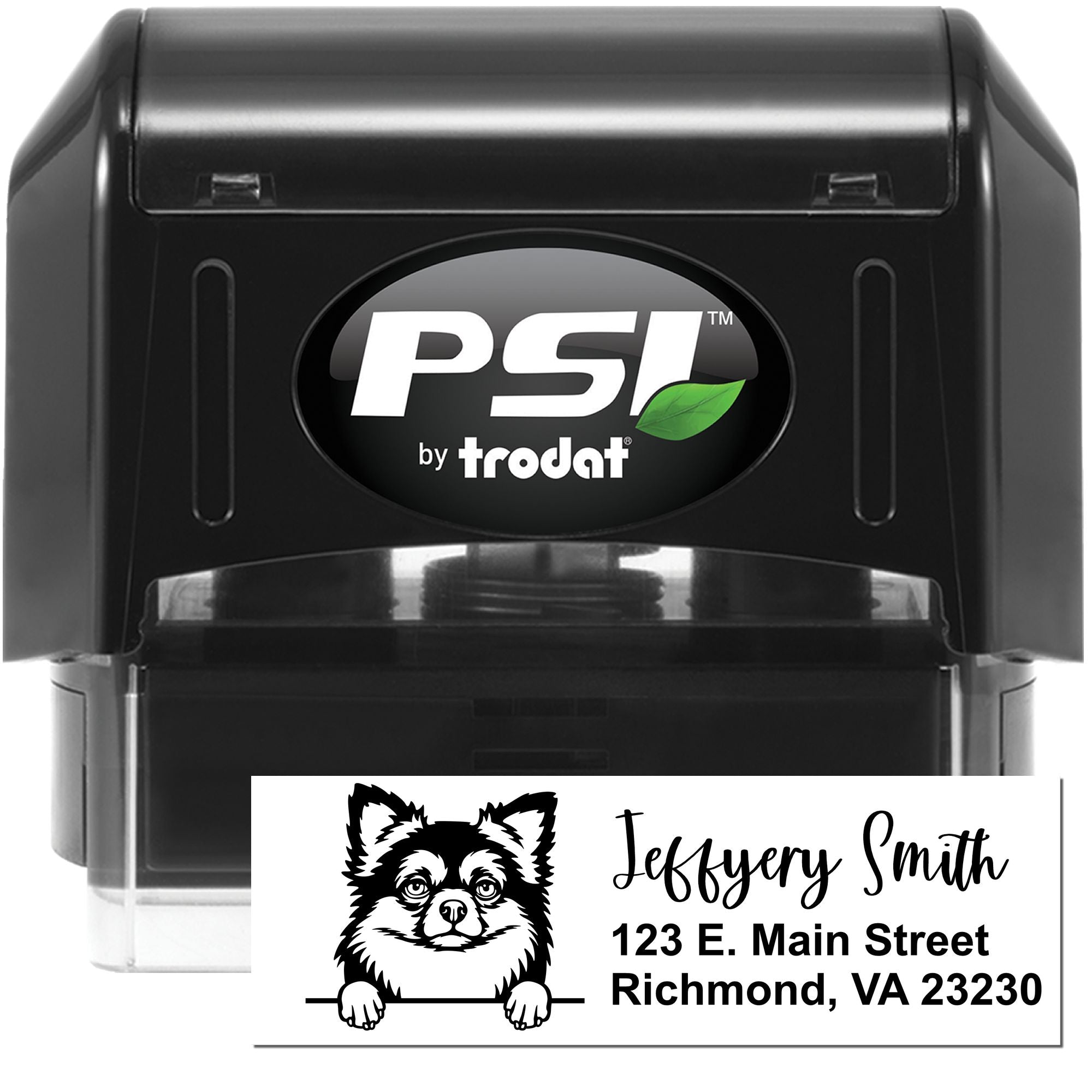 PSI by Trodat self-inking rubber address stamp with custom dog logo, name, and Richmond VA address for business mail.