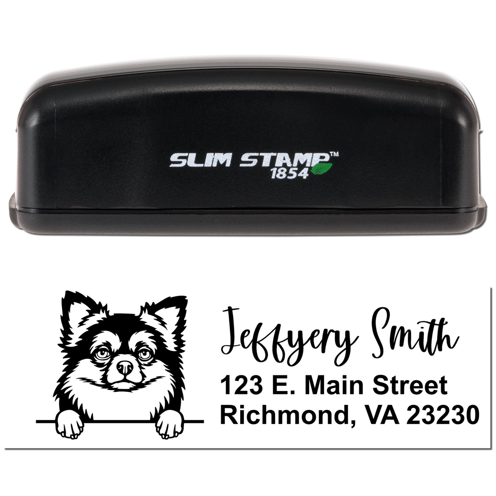 Slim Stamp 1854 self-inking rubber stamp with custom dog return address design for personalized mail.