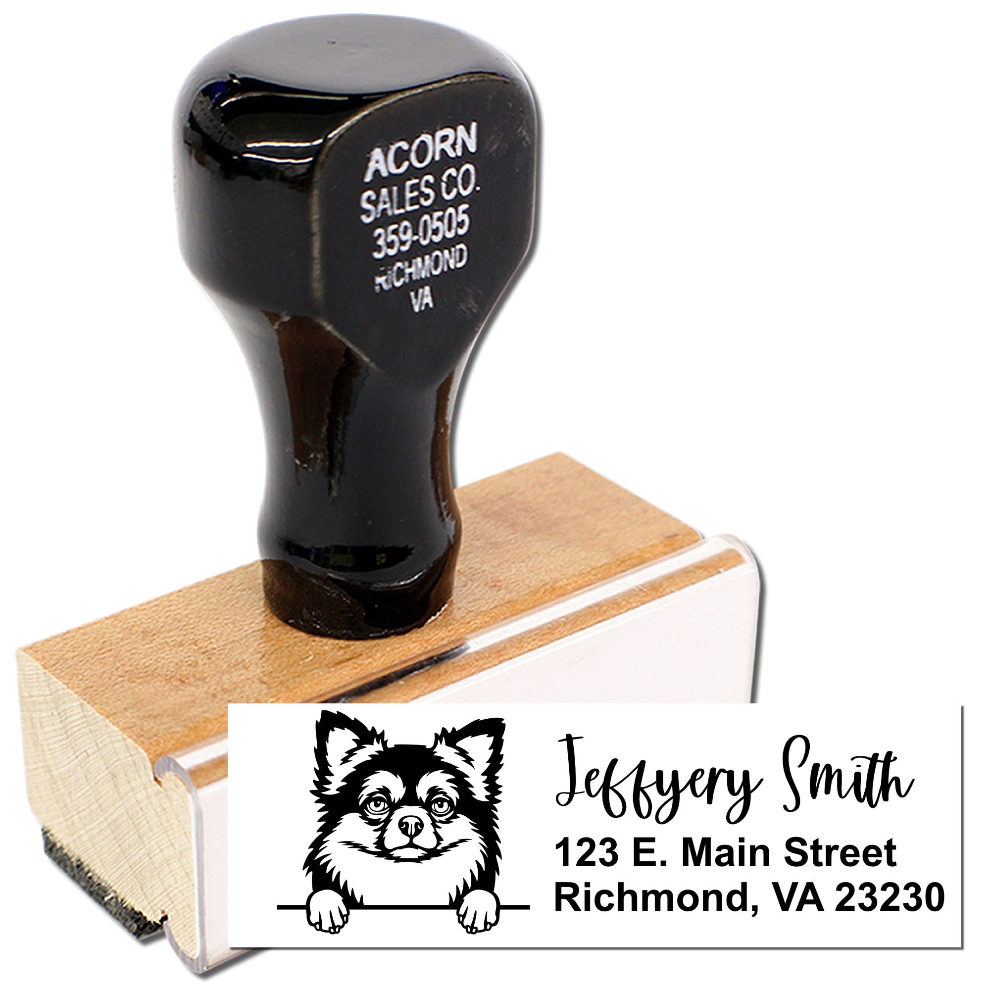 Personalized return address rubber stamp with dog logo, name, and Richmond, VA address for envelopes