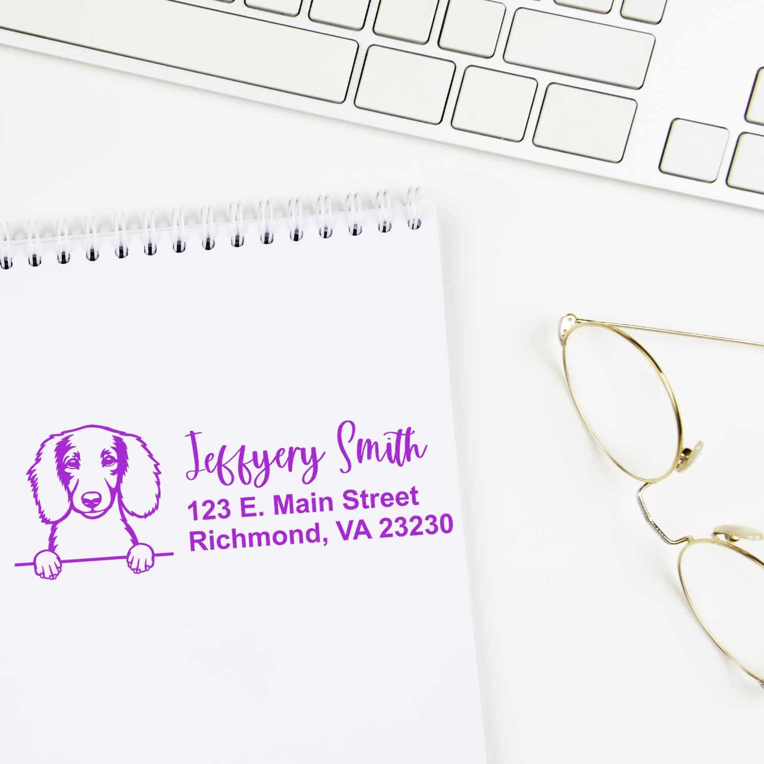 Custom dog return address rubber stamp with name and Richmond, VA address for personalized mailing.