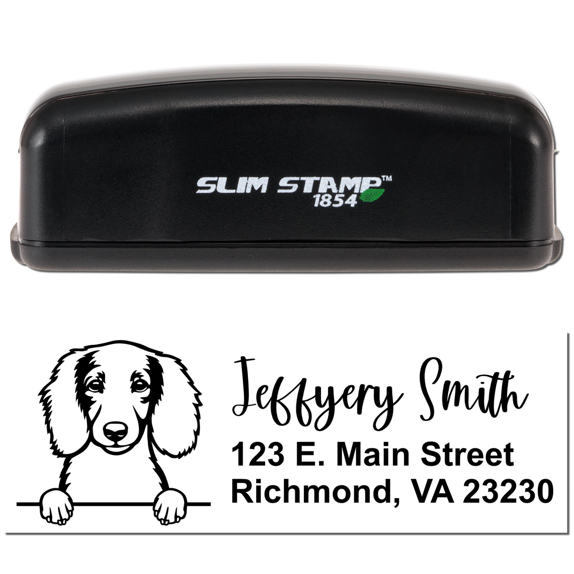 Slim Stamp 1854 custom rubber address stamp with dog illustration for Jeffery Smith, 123 E. Main Street, Richmond, VA 23230