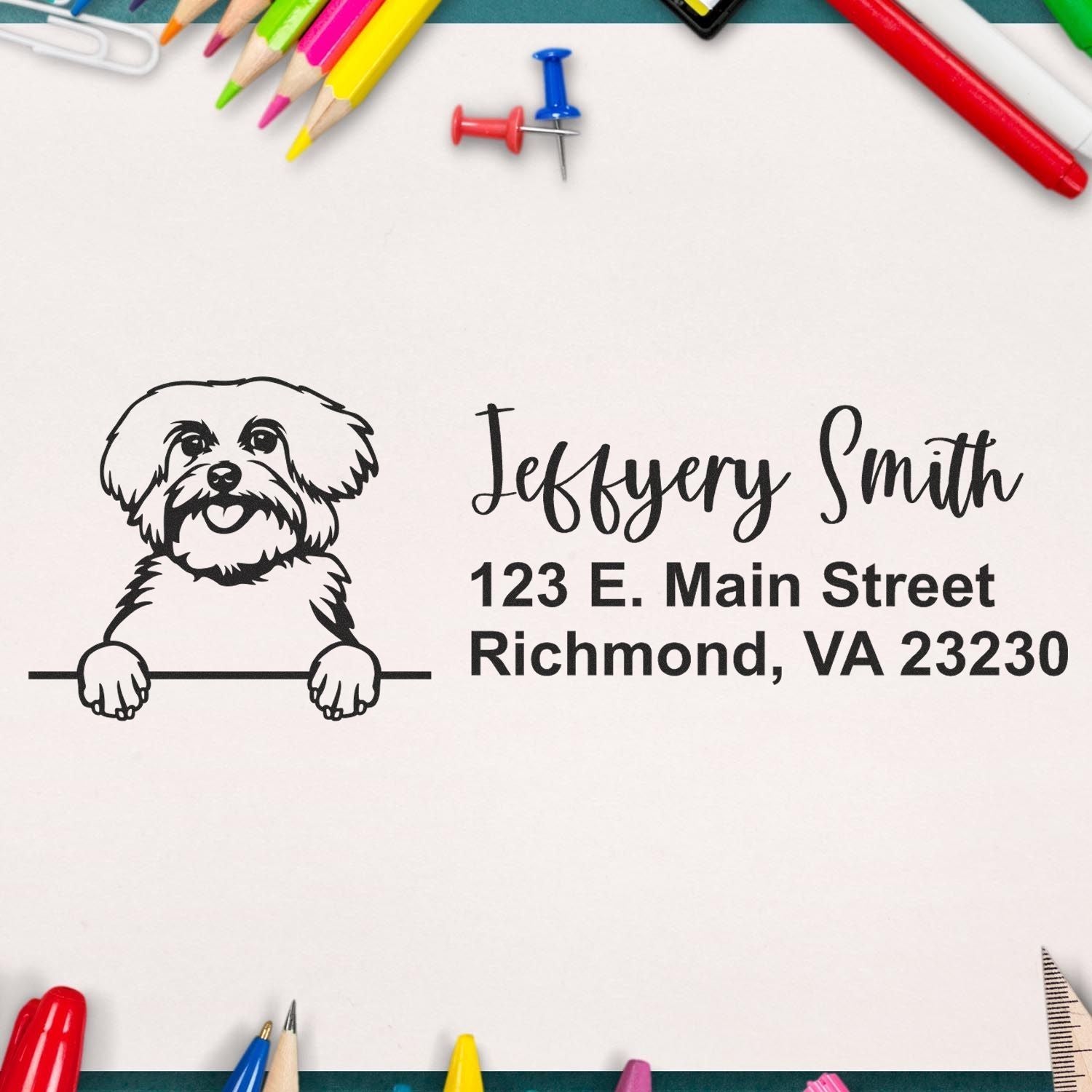 Custom dog return address rubber stamp for Jeffery Smith, 123 E. Main Street, Richmond VA, with pet portrait.