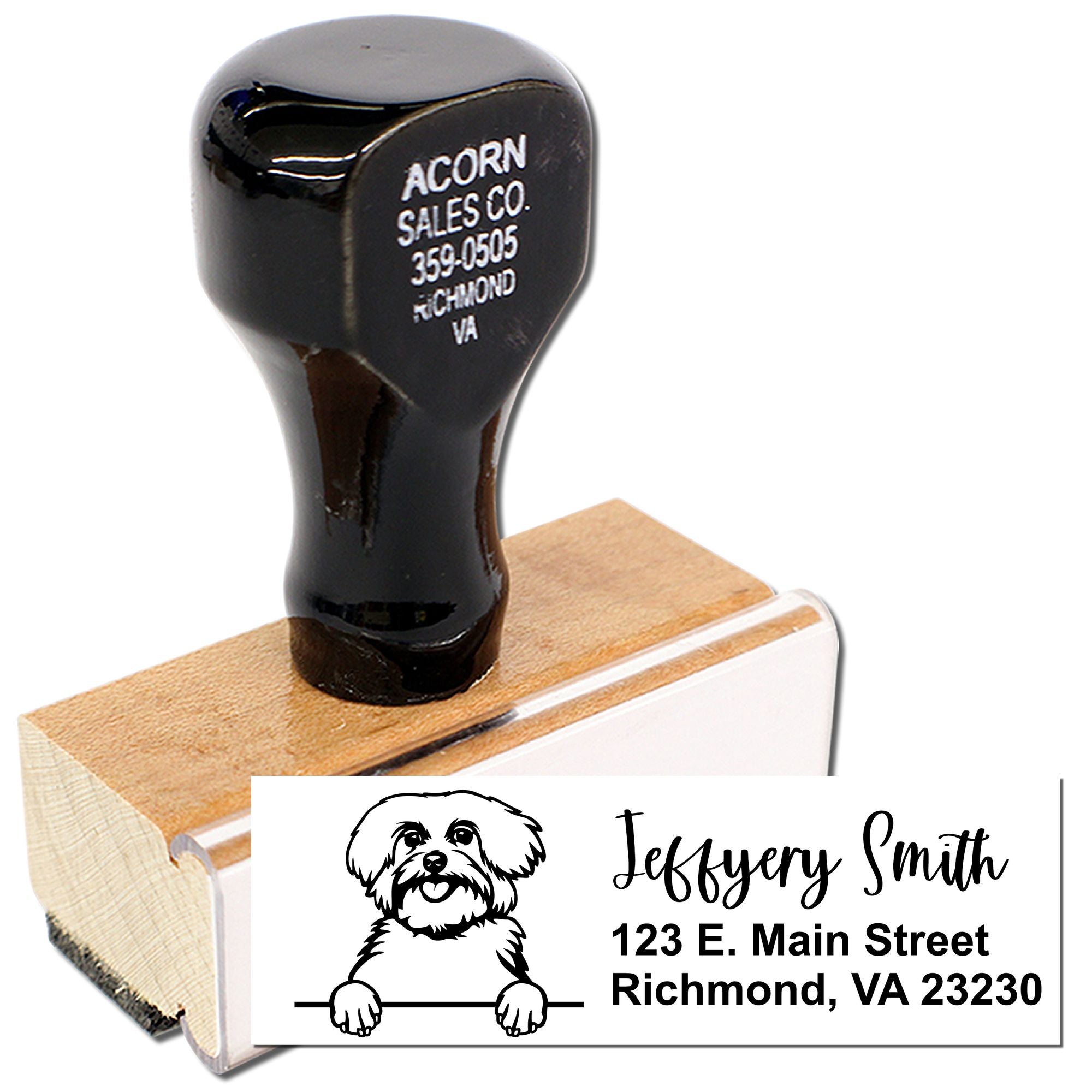 Personalized dog address rubber stamp with name and Richmond, VA return address on a wooden hand stamp handle.