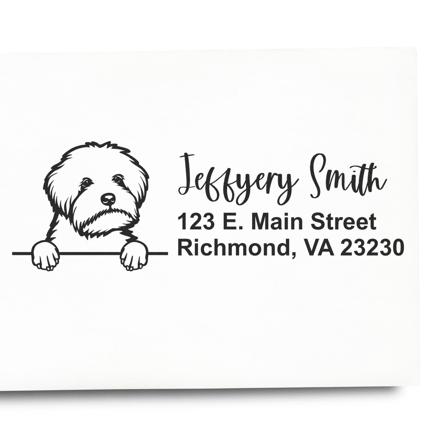Personalized dog return address rubber stamp with pet portrait, Jeffrey Smith, 123 E. Main Street, Richmond, VA 23230.