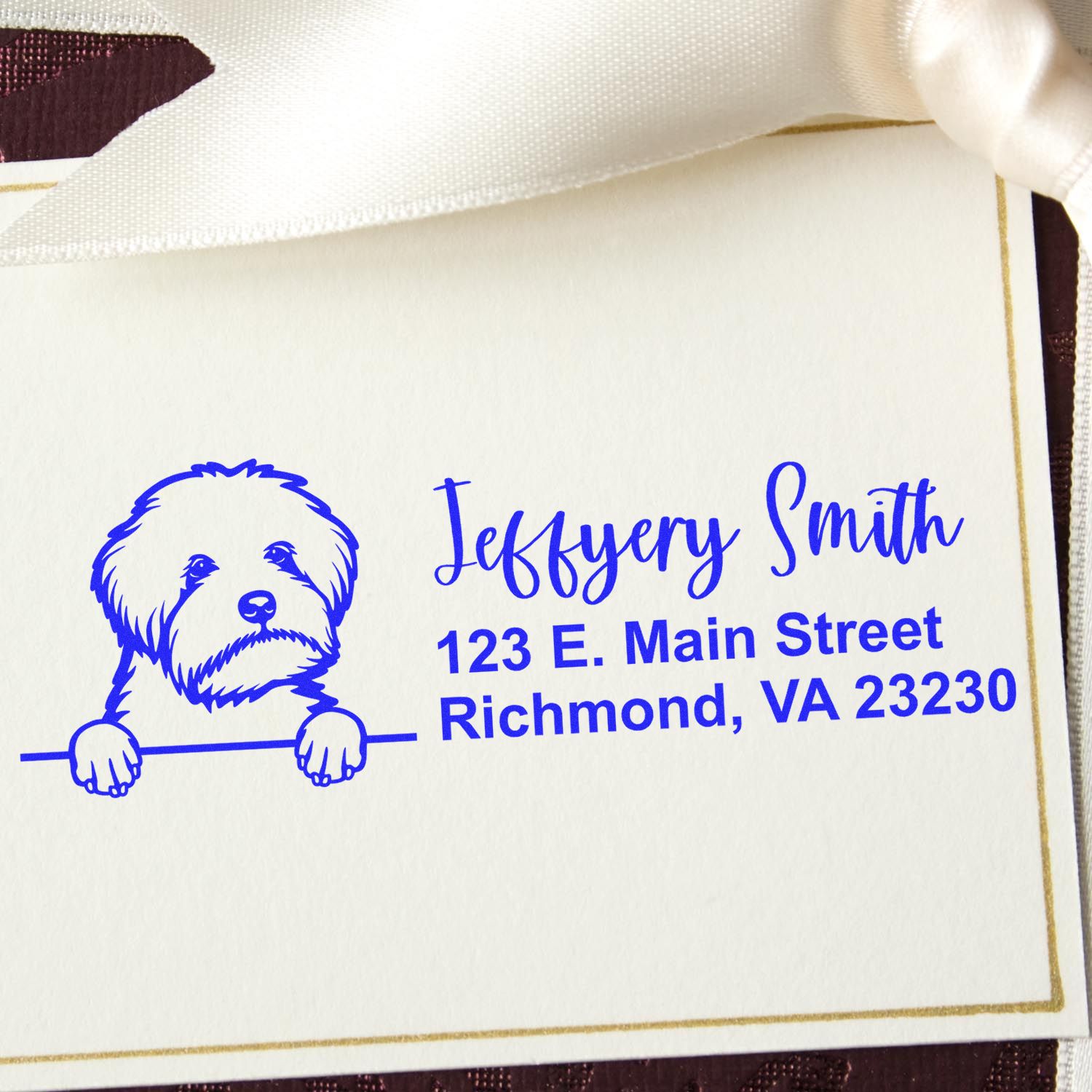 Personalized dog return address rubber stamp with custom name and Richmond, VA address for mailing envelopes.