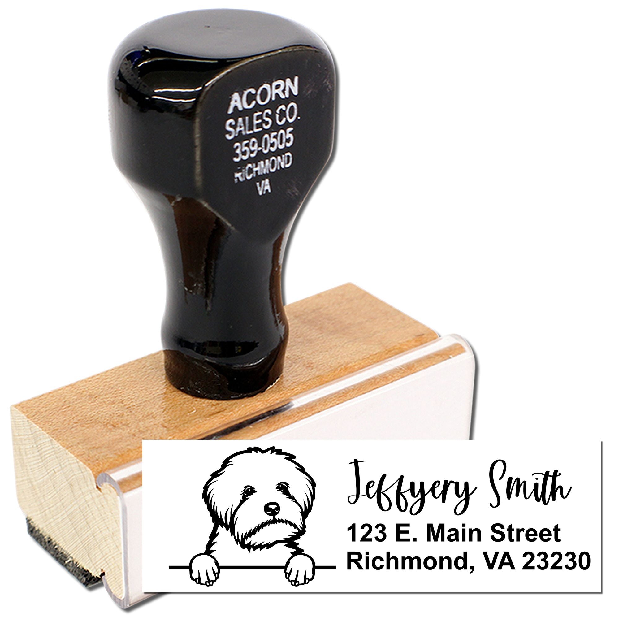 Personalized self-inking rubber stamp with dog logo and return address for custom business mailing.
