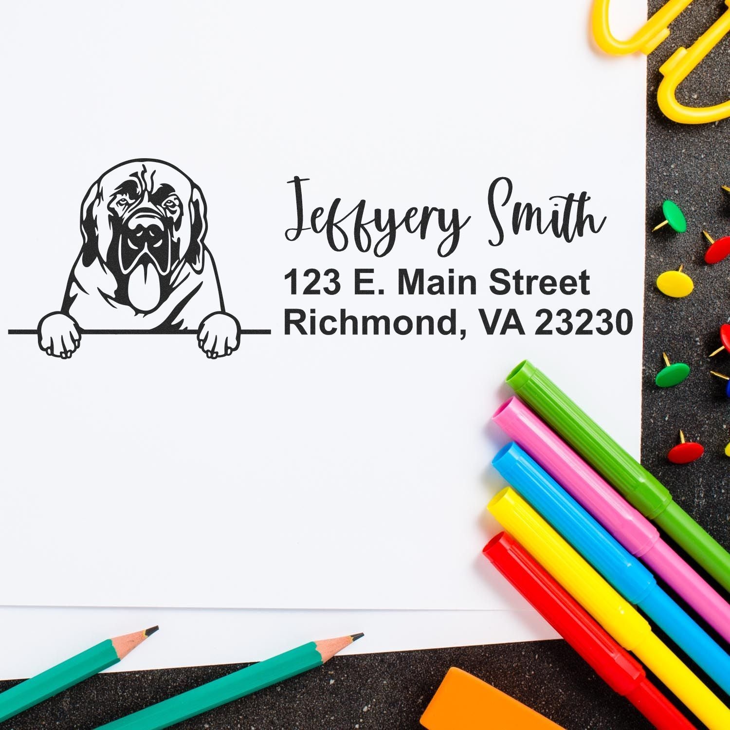 Personalized address rubber stamp with dog illustration, Jeffery Smith name, and Richmond, VA return address.