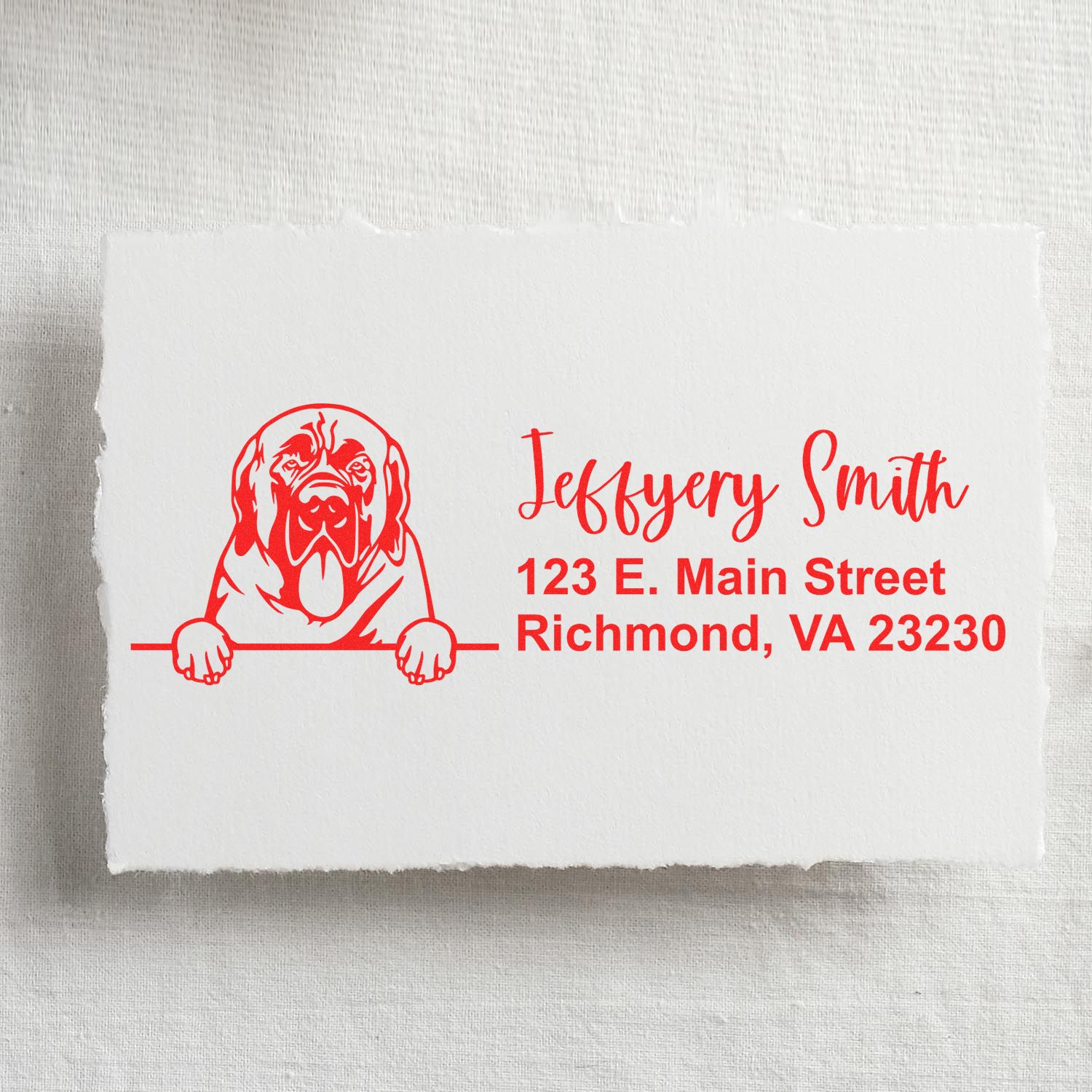 Custom dog address rubber stamp with name and Richmond, VA address for personalized mail and stationery.