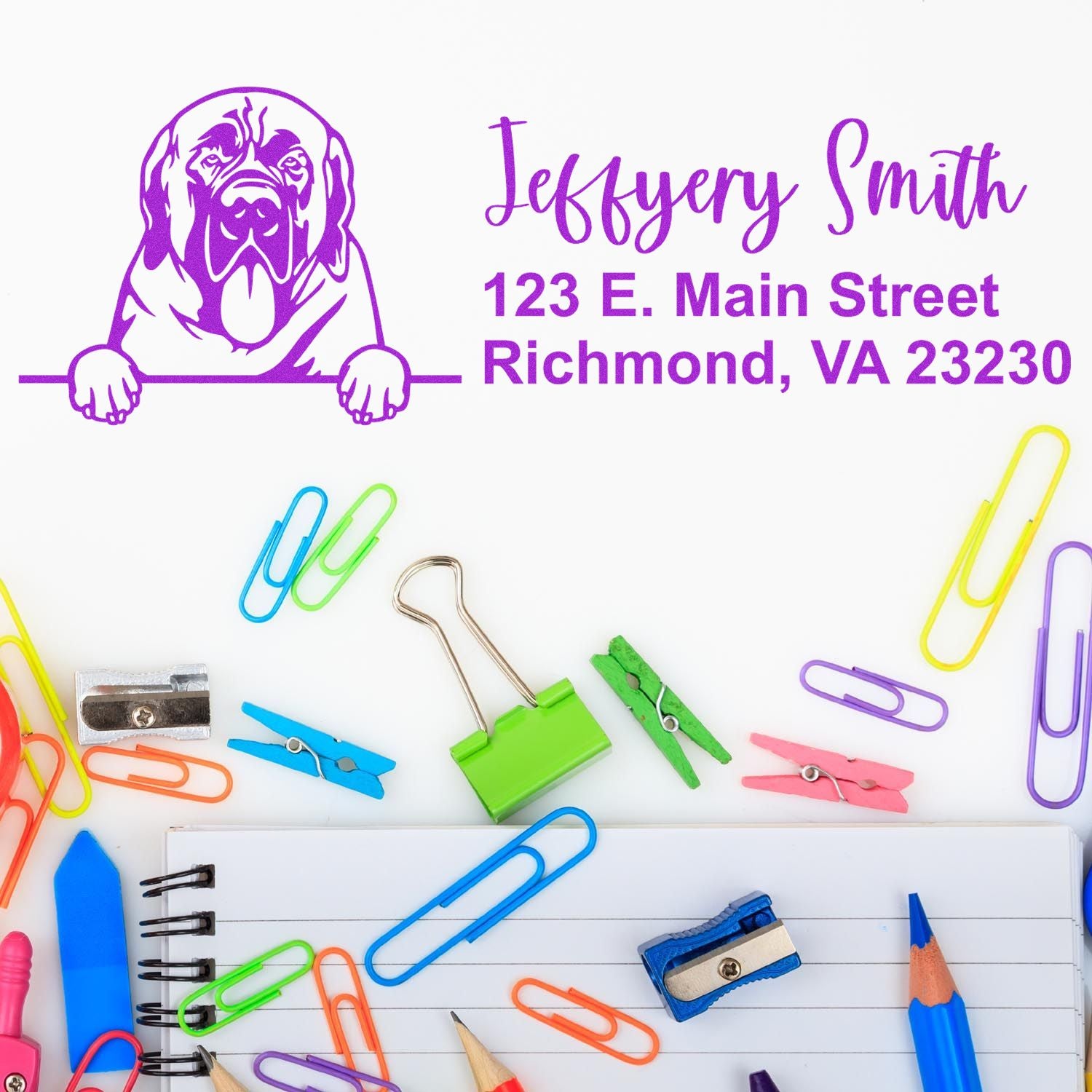 Personalized dog return address rubber stamp for Jeffery Smith, Richmond VA 23230, on office stationery.