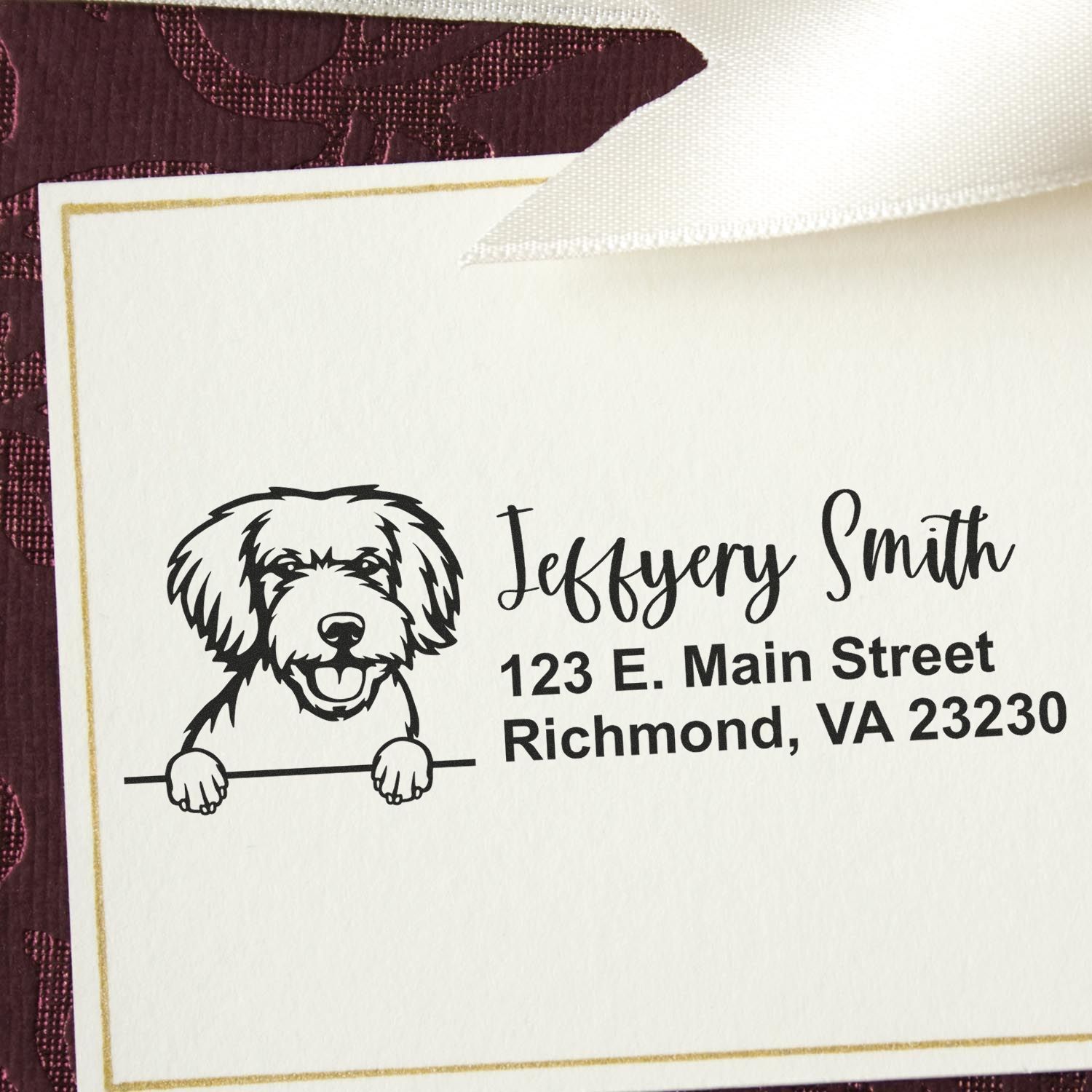 Personalized return address rubber stamp with dog logo, featuring Jeffrey Smith and Richmond, VA address.