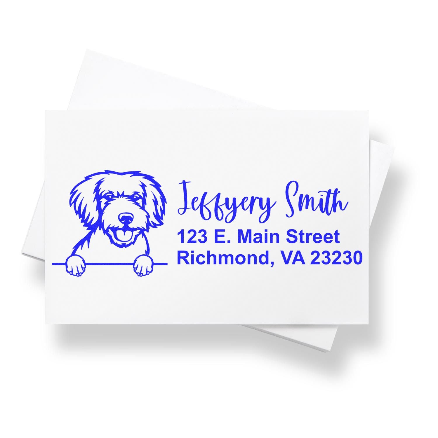 Custom dog return address rubber stamp with Jeffery Smith name and Richmond, VA 23230 mailing address.