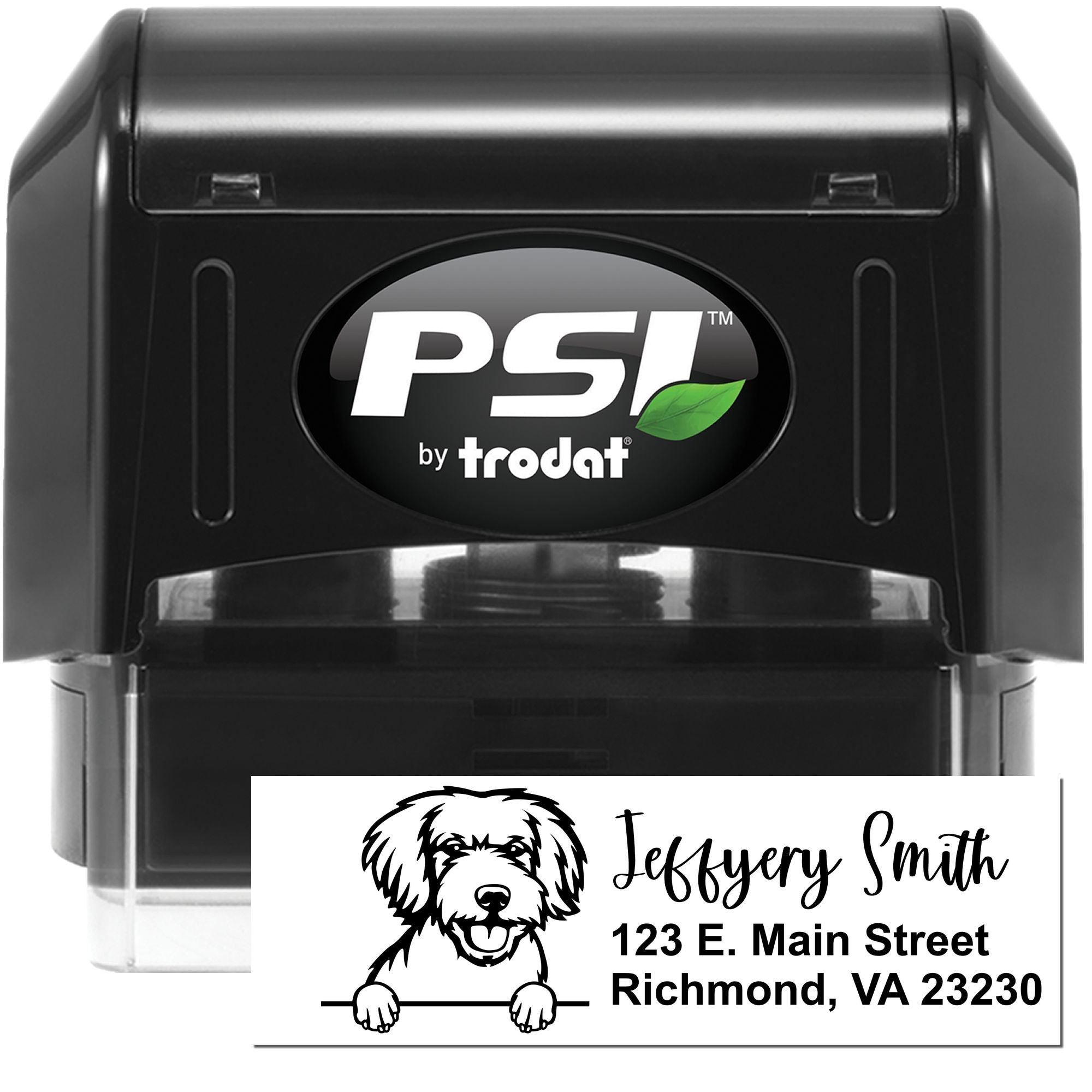 PSI by Trodat self-inking custom address rubber stamp with dog logo, name, and street address