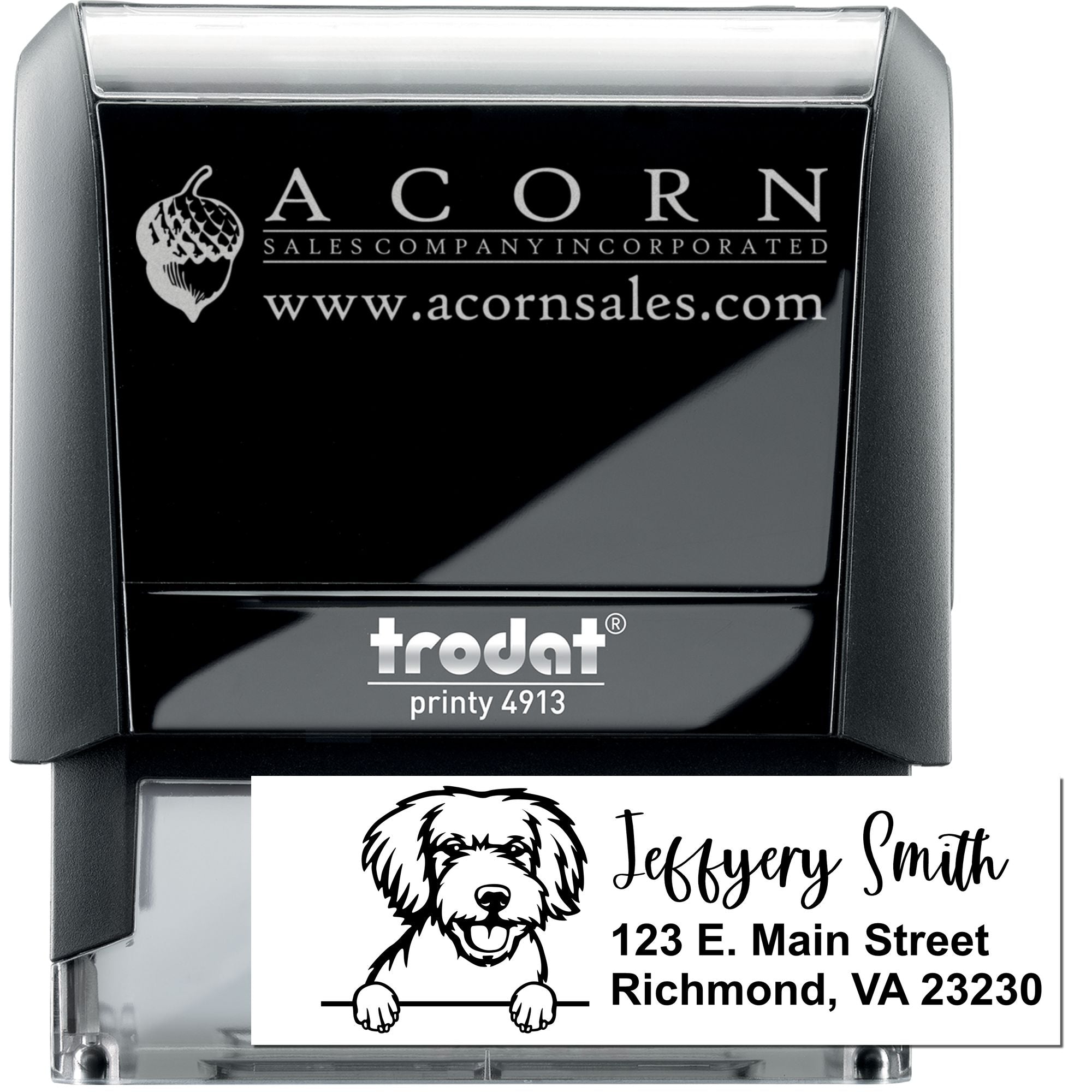 Personalized self-inking rubber stamp with logo and address, Trodat Printy 4913 custom business stamp for mailing.