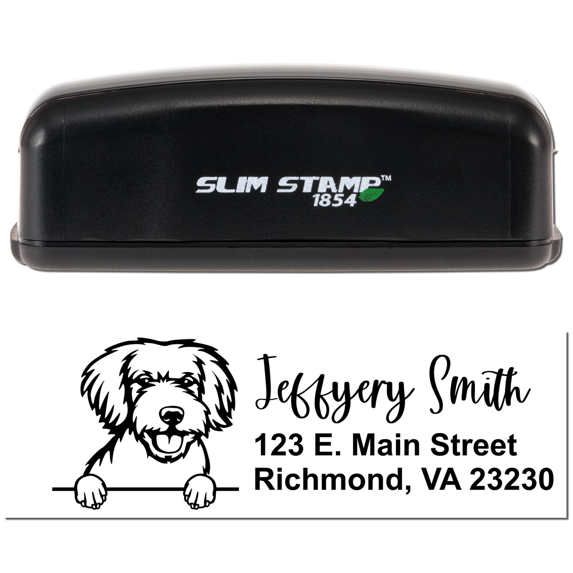 Custom self-inking rubber stamp by Slim Stamp 1854 with dog logo, Jeffrey Smith name, and Richmond, VA address.