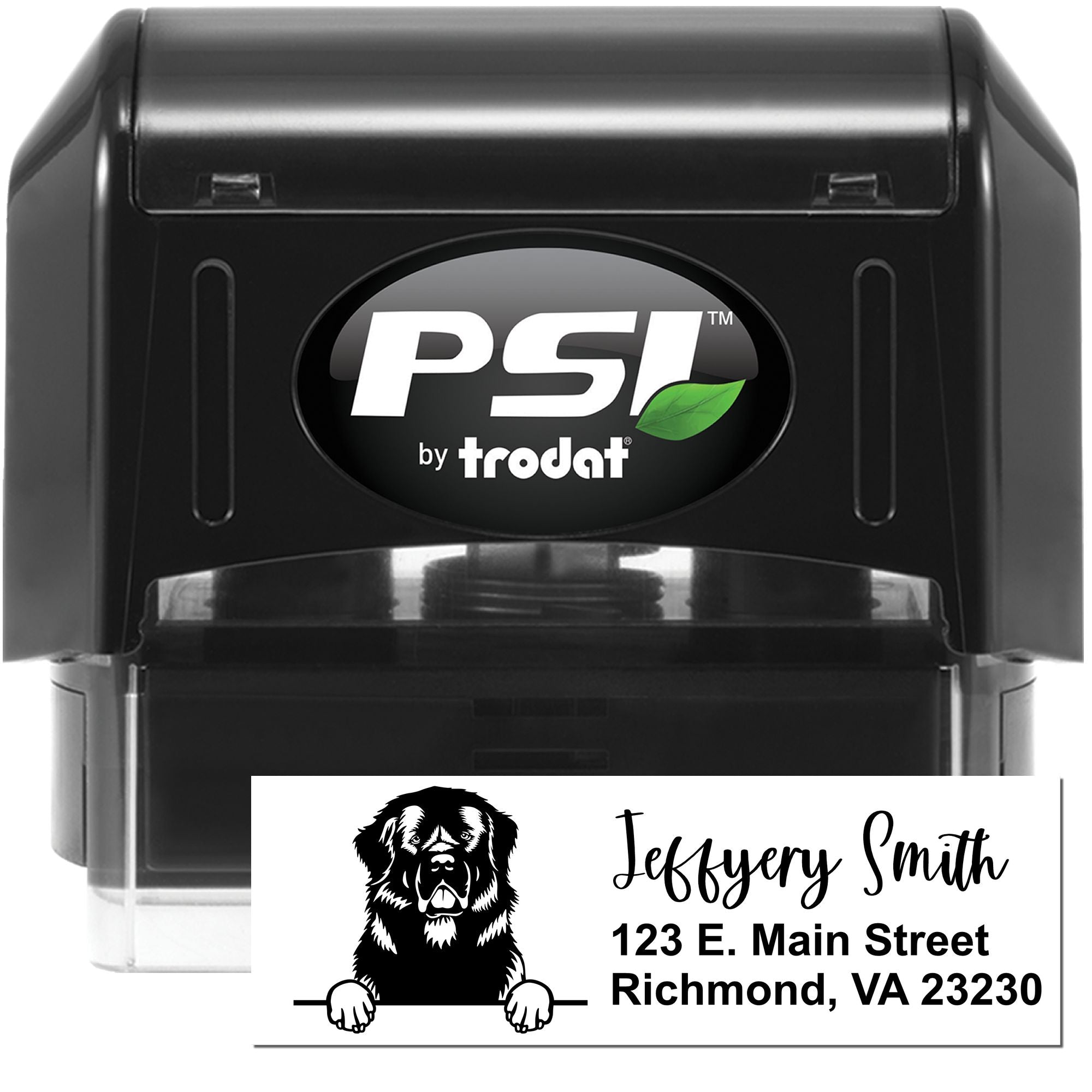 Custom self-inking rubber address stamp with dog logo for Jeffrey Smith, Richmond VA 23230 by PSI Trodat.