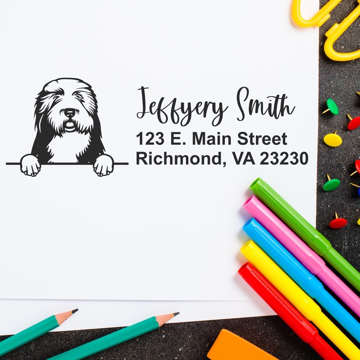 Custom dog return address rubber stamp for Jeffrey Smith, featuring personalized Richmond, VA mailing address.