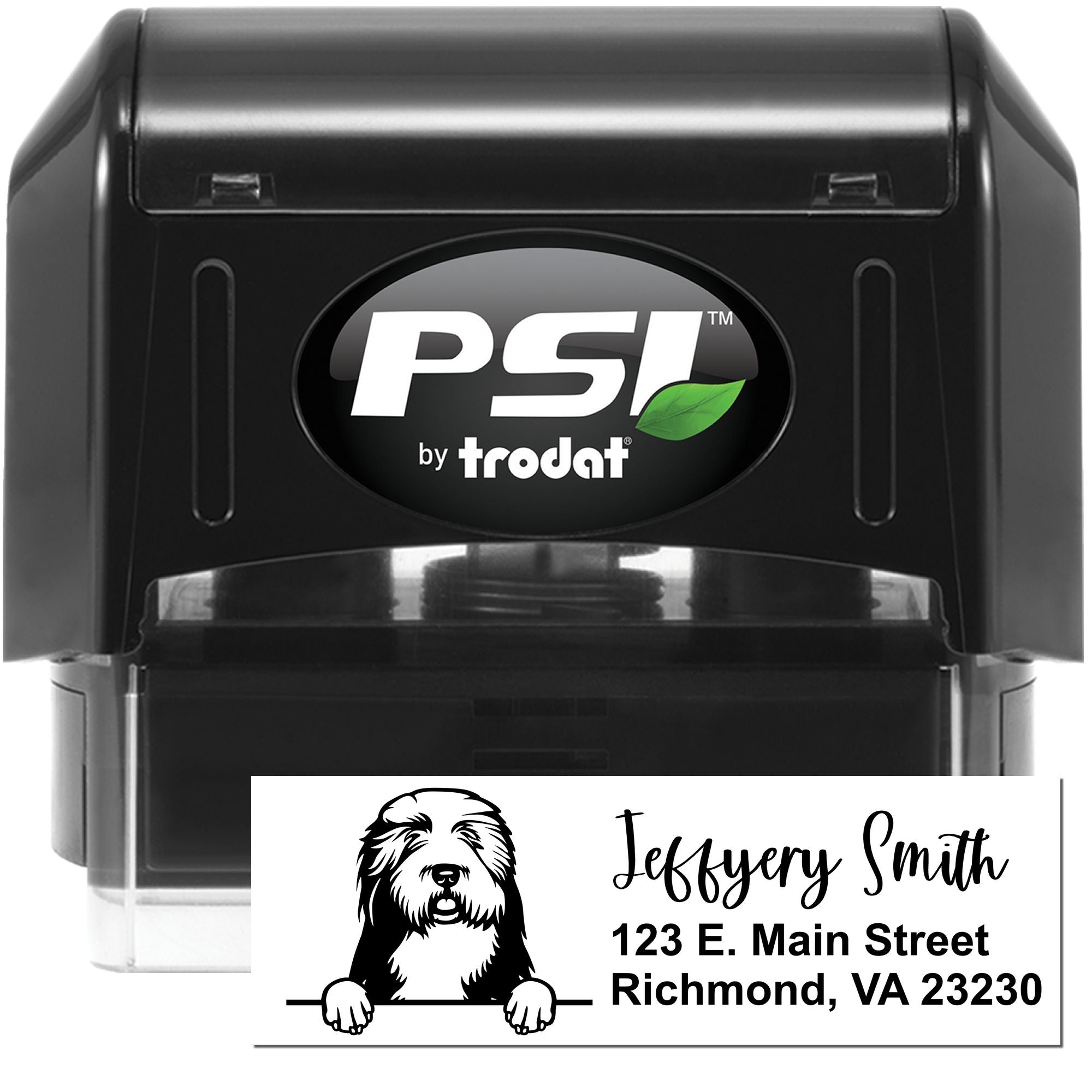 Custom self-inking rubber stamp by PSI Trodat with dog logo and return address for personalized home or business mailing.