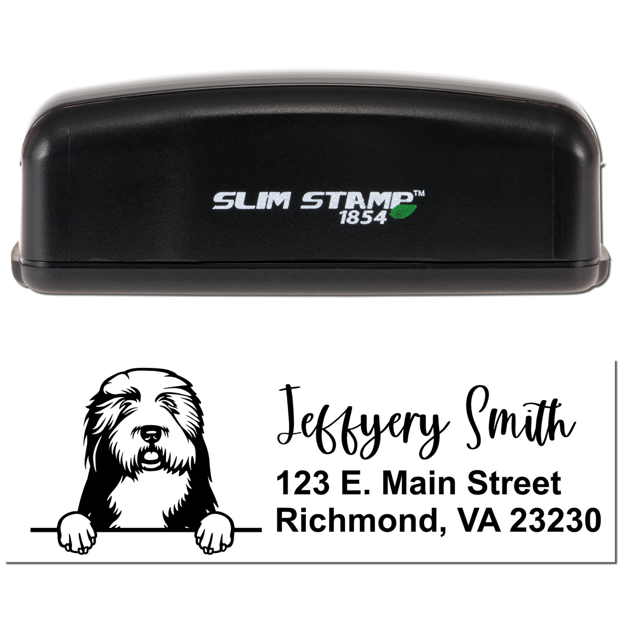 Custom personalized rubber address stamp with dog logo, name, and Richmond, VA address using Slim Stamp 1854.