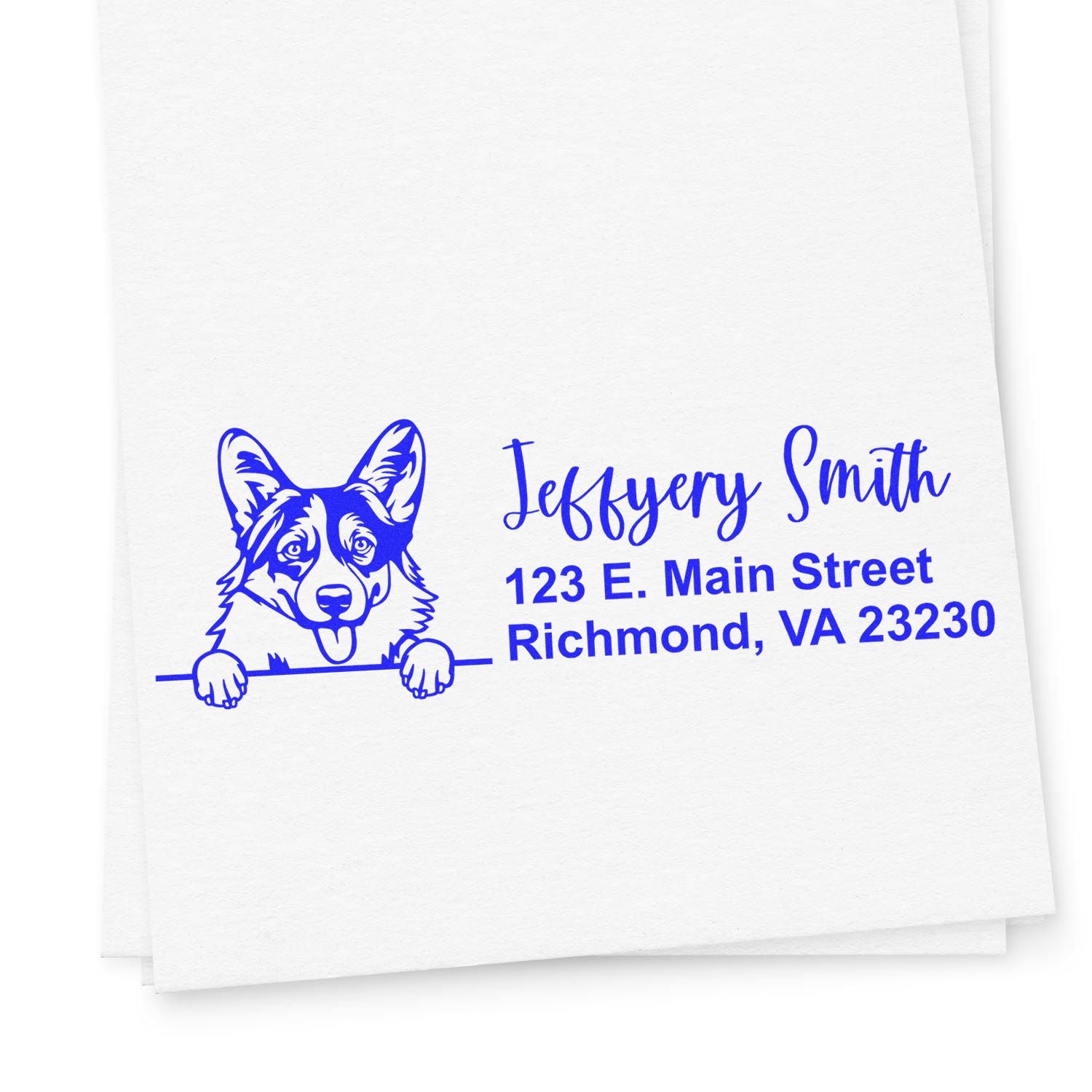 Custom blue rubber stamp with dog logo and return address for Jeffrey Smith, 123 E. Main Street, Richmond, VA 23230.