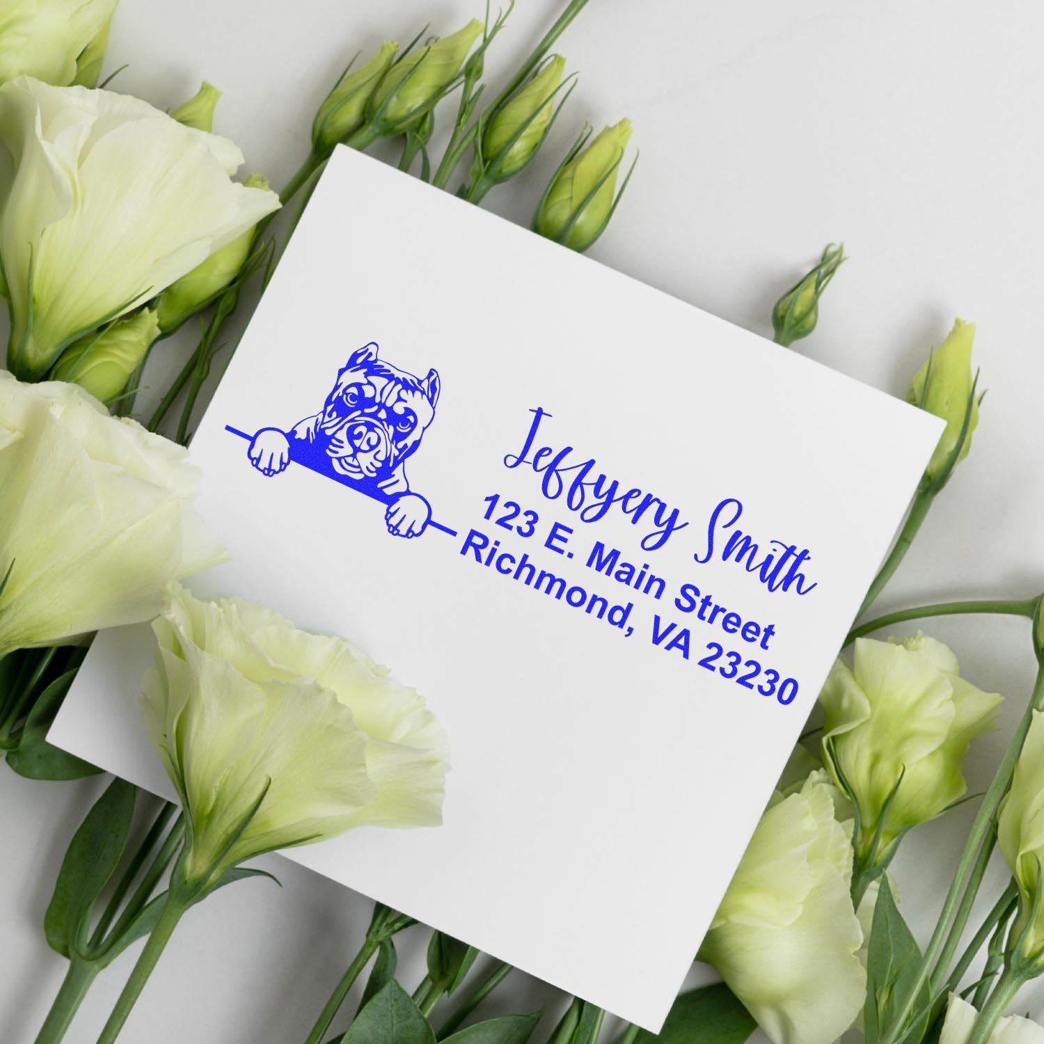 Personalized rubber return address stamp with bulldog design for Jeffery Smith, Richmond, VA 23230