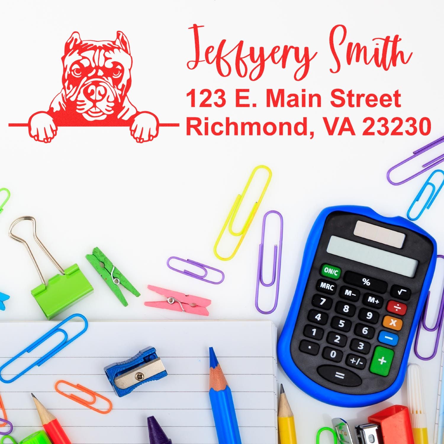 Custom bulldog return address rubber stamp with name and Richmond, VA address for pet-themed stationery and mail.